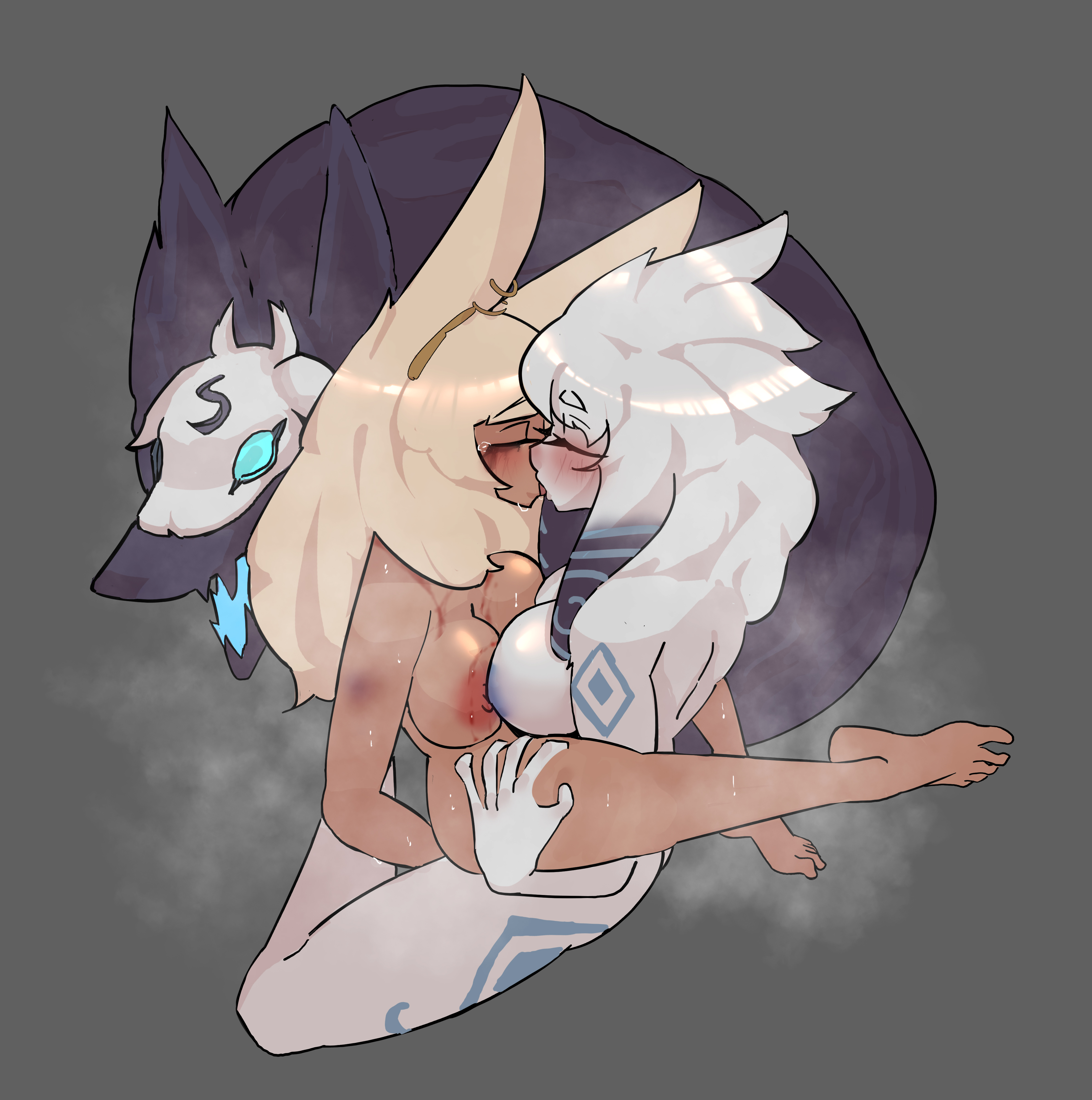1futa, 1girls, absurd res, animal ears, areolae, blonde hair, blush, breasts, breasts to breasts, bunny ears, bunny girl, closed eyes, crossover, dark skin, dark-skinned female, duo, female, final fantasy, final fantasy xiv, futa on female, futanari, grey background, high-angle view, humanoid, intersex, kemonomimi, kindred, kissing, lamb (league of legends), league of legends, long hair, nipples, nude, riot games, sitting, steam, viera, white hair, wolf (league of legends), wuwutim