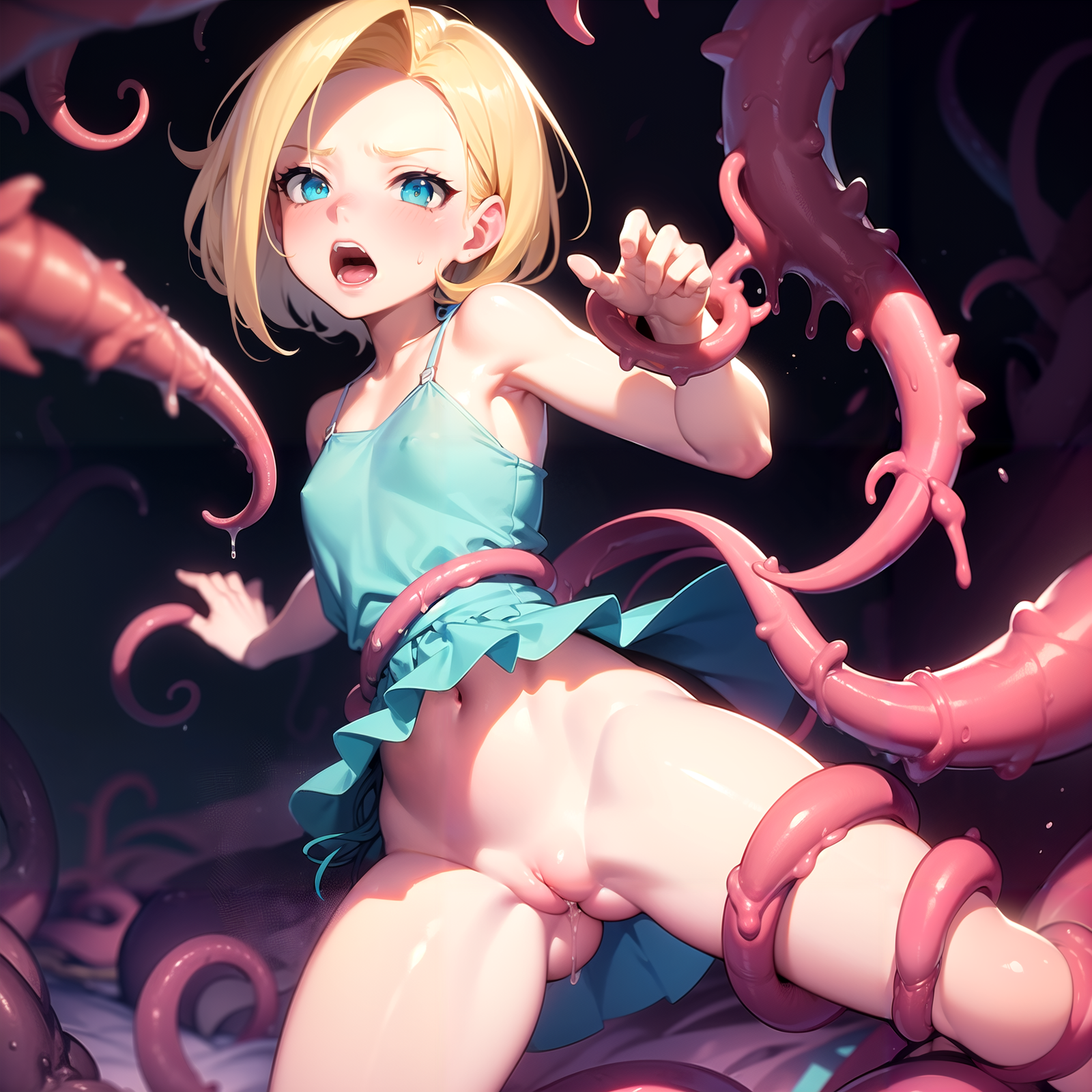 1girls, 2023, ai generated, android 18, belly button, blonde hair, blue dress, blush, breasts, cyan eyes, dragon ball, dragon ball z, dress, exposed pussy, female, female focus, kxy, looking at viewer, open mouth, pussy, pussy juice, restrained, screaming, short hair, skirt, skirt up, small breasts, spread legs, tentacle, tentacle grab, upscaled, vagina, young