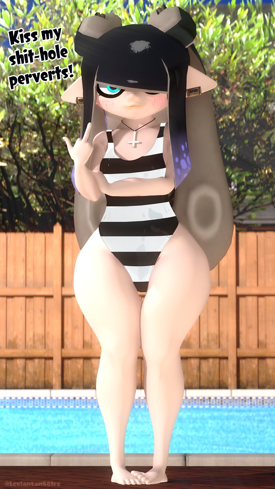3d, 3d (artwork), ass, big ass, breasts, clothed, female, female only, inkling, inkling girl, ivy (leviantan581re), leviantan581re, nintendo, pool, small breasts, splatoon, swimsuit