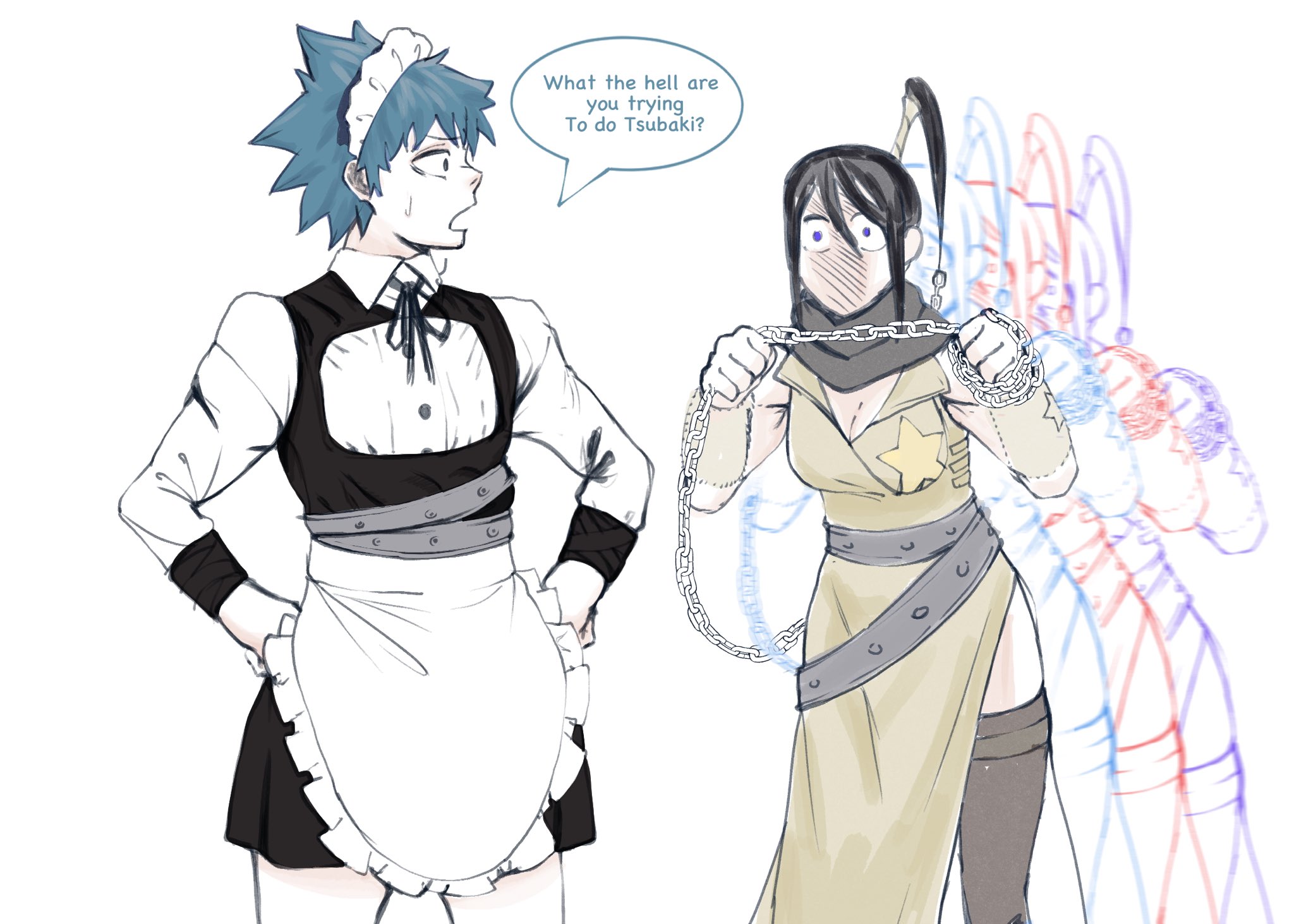 1boy, 1girls, armwear, ass, black star, blue eyes, blue hair, chains, female, horny female, imminent sex, jacket, legwear, light skin, light-skinned female, long hair, maid, maid outfit, maid uniform, male, mobi mobi, nakatsukasa tsubaki, pale skin, pale-skinned female, ponytail, short hair, skirt, soul eater, speech bubble, sweater, thighhighs, wide hips