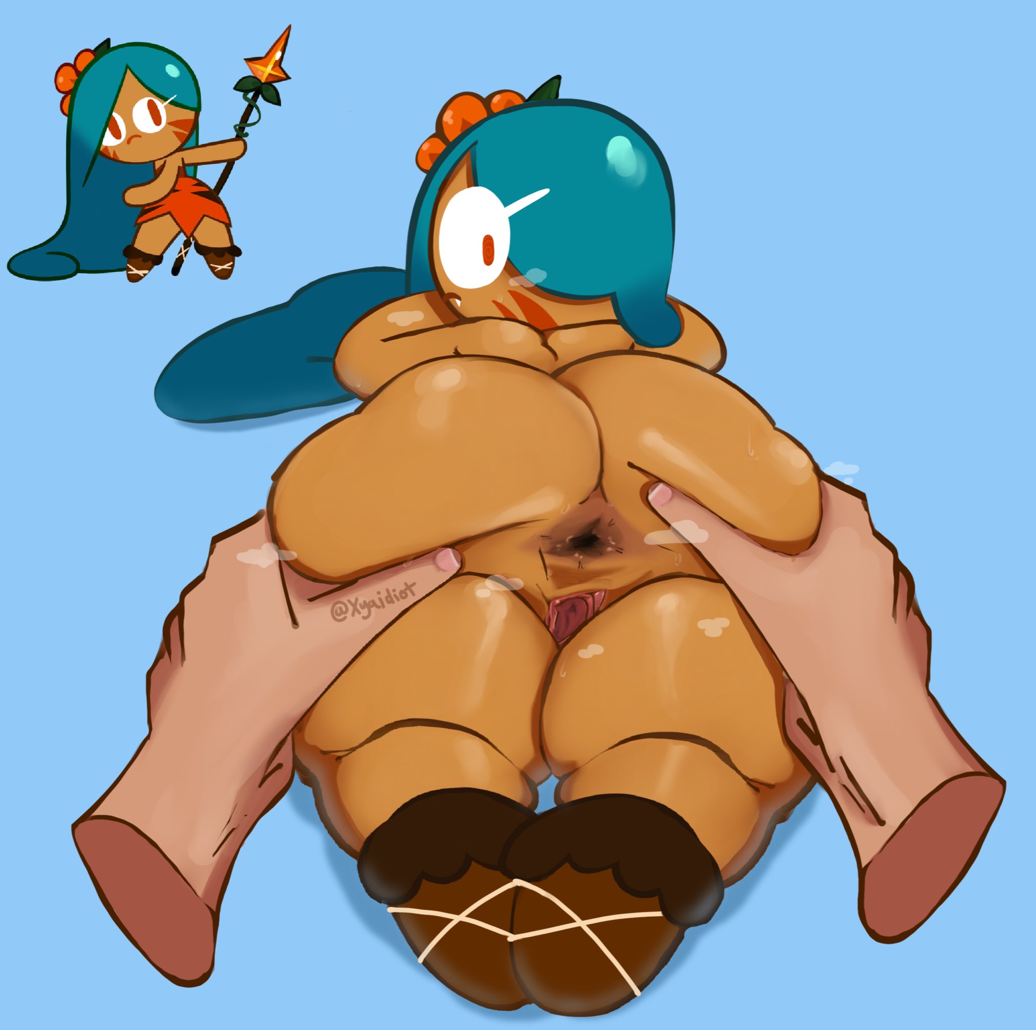 anus, ass, ass grab, ass spread, big ass, big eyes, cookie run, dark skin, dark-skinned female, disembodied hand, facepaint, fangs, female, green hair, hair ornament, huge ass, large ass, light skin, light-skinned male, long hair, looking at viewer, looking back, male, nude, nude female, red eyes, shortstack, simple background, simple coloring, simple shading, spread ass, spread butt, spreading, steam, steaming body, sweat, sweating, teal hair, tiger lily cookie, xyakiwi