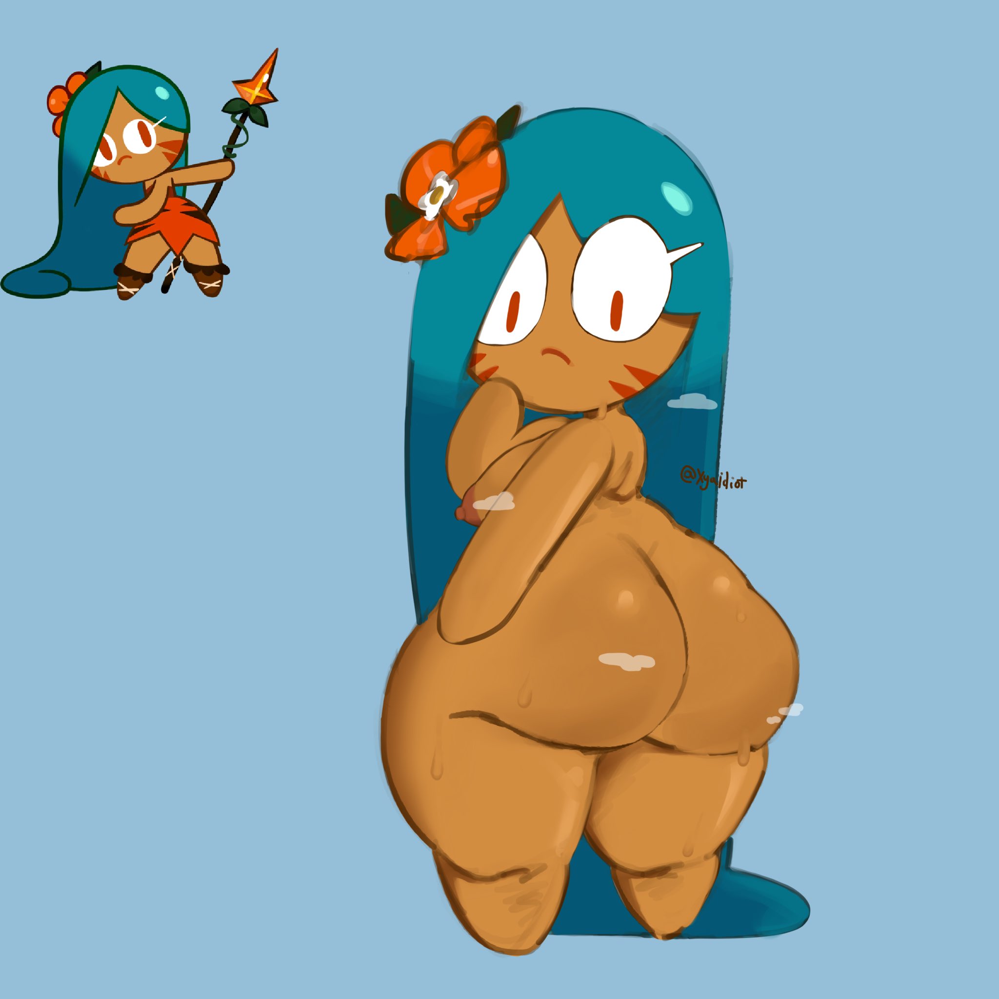 1girls, ass, between ass, big ass, big eyes, clothed, clothing, completely nude, cookie run, dark skin, facepaint, female, female only, full body, green hair, huge ass, large ass, long hair, looking back, naked, naked female, nude, nude female, red eyes, red pupils, shortstack, simple background, simple shading, solo, solo female, steam, steaming body, sweat, teal hair, tiger lily cookie, tight clothing, tight dress, wide hips, xyakiwi