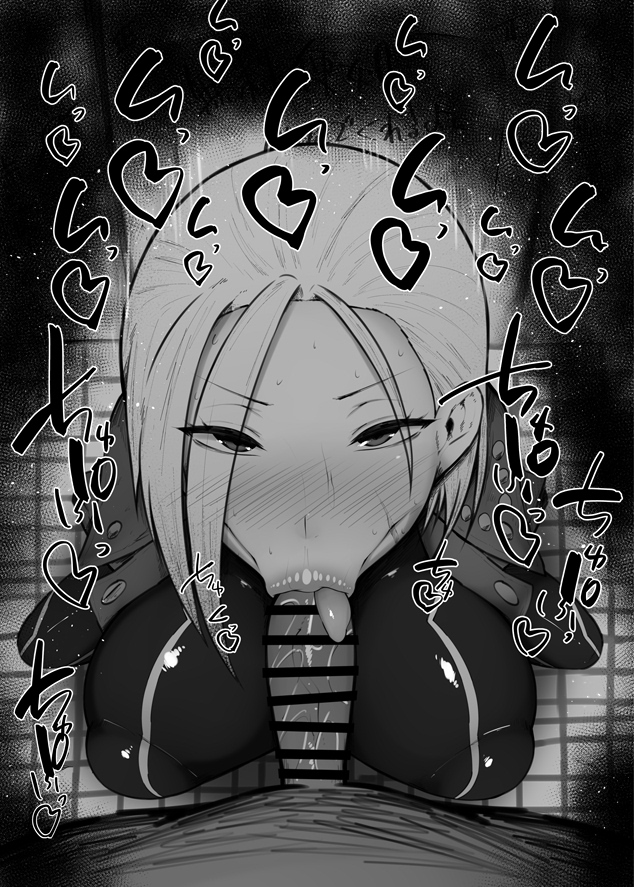 :>=, 1boy, 1girls, big breasts, big penis, black and white, blush, bodysuit, breasts, cammy white, capcom, censored, dark skin, dark-skinned male, detailed background, drooling, eyelashes, fellatio, female, hair over one eye, heart, human, indoor, inside, interracial, kurotama, looking at viewer, male, male pov, oral, oral sex, penis, room, saliva, shiny, shiny skin, short hair, sketch, skintight, sound effects, squatting, street fighter, street fighter 6, sweat, text, tied hair, tongue, tongue out, vein, veins, veiny, veiny penis, video game, video games