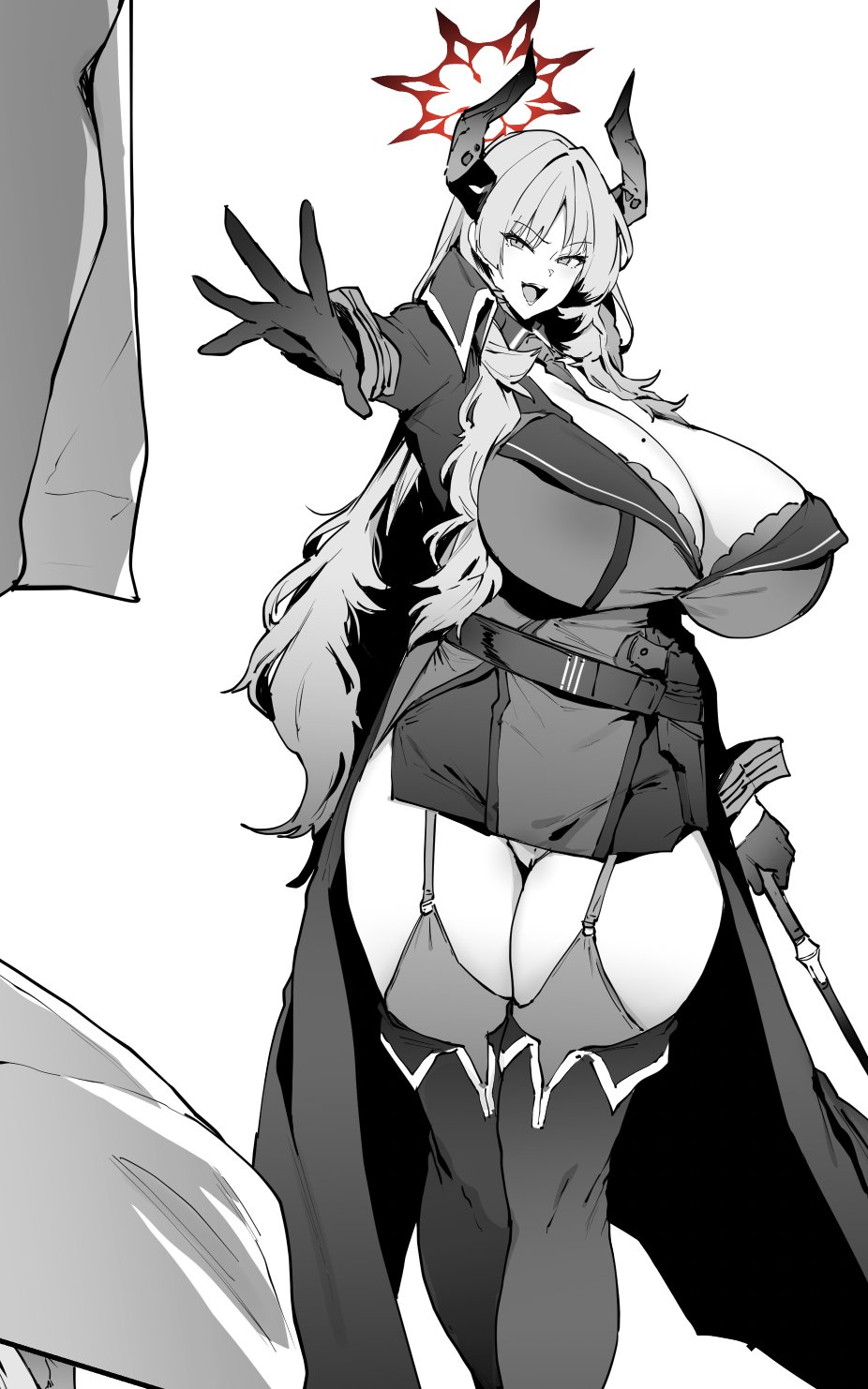 aged up, alternate breast size, big breasts, blue archive, breasts, curvy, demon, demon girl, female, gehenna academy student, halo, horns, huge breasts, long hair, mature female, mole on breast, monochrome, overcoat, pandemonium society (blue archive), satsuki (blue archive), thick thighs, thighhighs, thirty 8ght, uncolored, walking