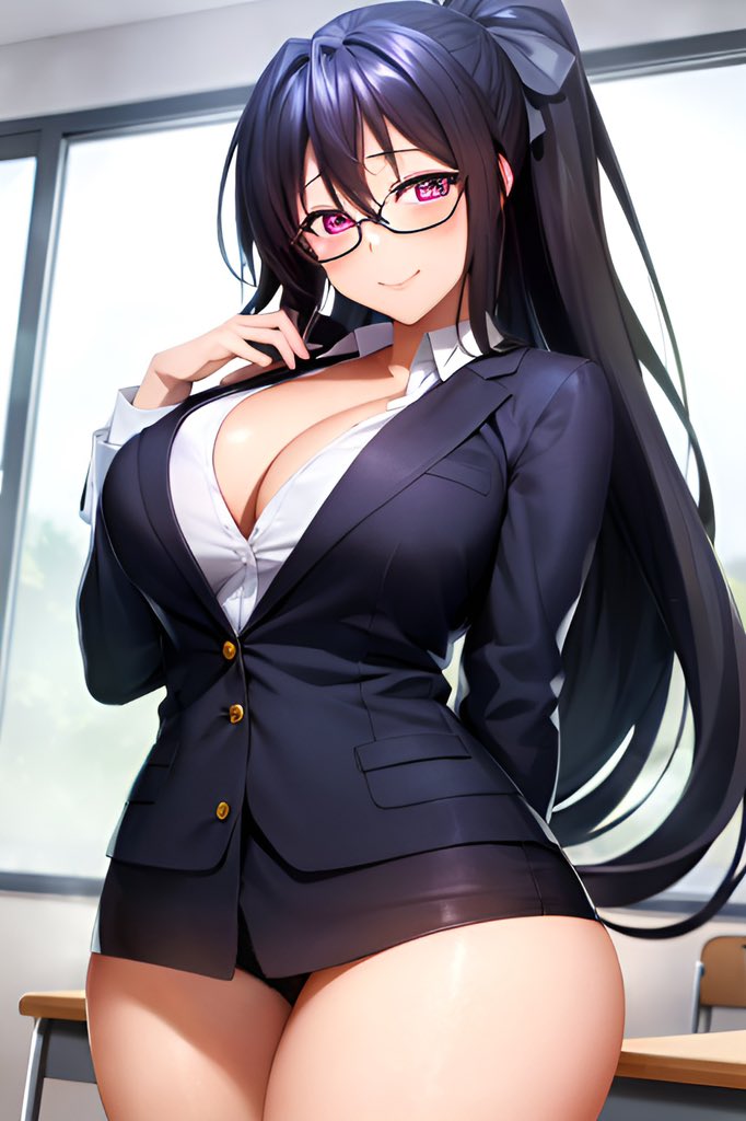 1girls, ai generated, akeno himejima, big breasts, breasts, busty, cleavage, female, female only, glasses, high school dxd, large breasts, legs, long hair, looking at viewer, ponytail, purple eyes, purple hair, skirt, smile, solo, teacher, thighs, voluptuous