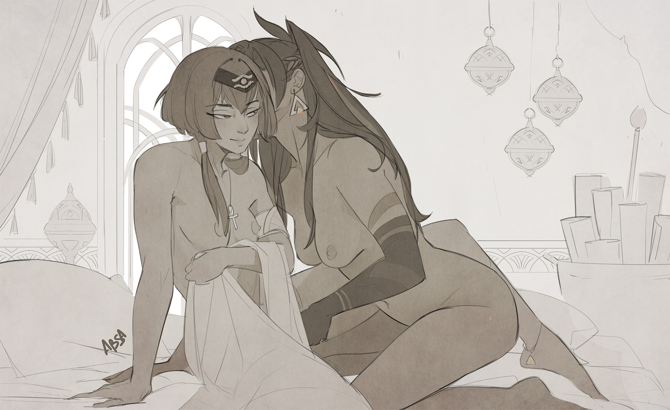 2girls, absa art, bed, candace (genshin impact), dehya (genshin impact), female, female only, genshin impact, monochrome, nude, tagme, wholesome, yuri