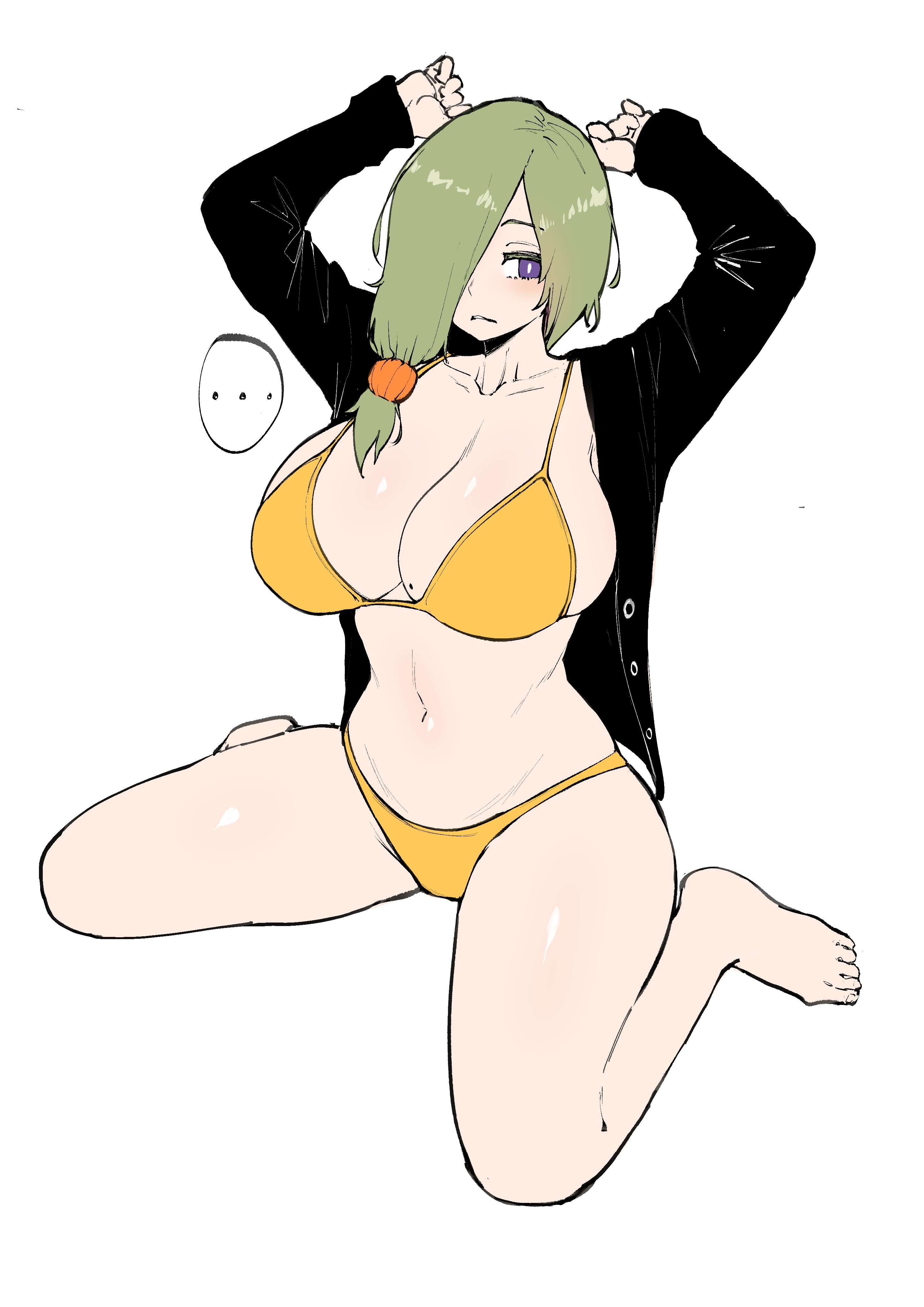 1girls, arms up, belly button, big breasts, black jacket, breasts, curvy, curvy body, curvy female, female, female focus, female only, green hair, hair over one eye, jacket, light skin, light-skinned female, maya (norman maggot/maggot666), norman maggot, on knees, original, purple eyes, solo, solo female, solo focus, thin waist, wide hips, yellow bikini