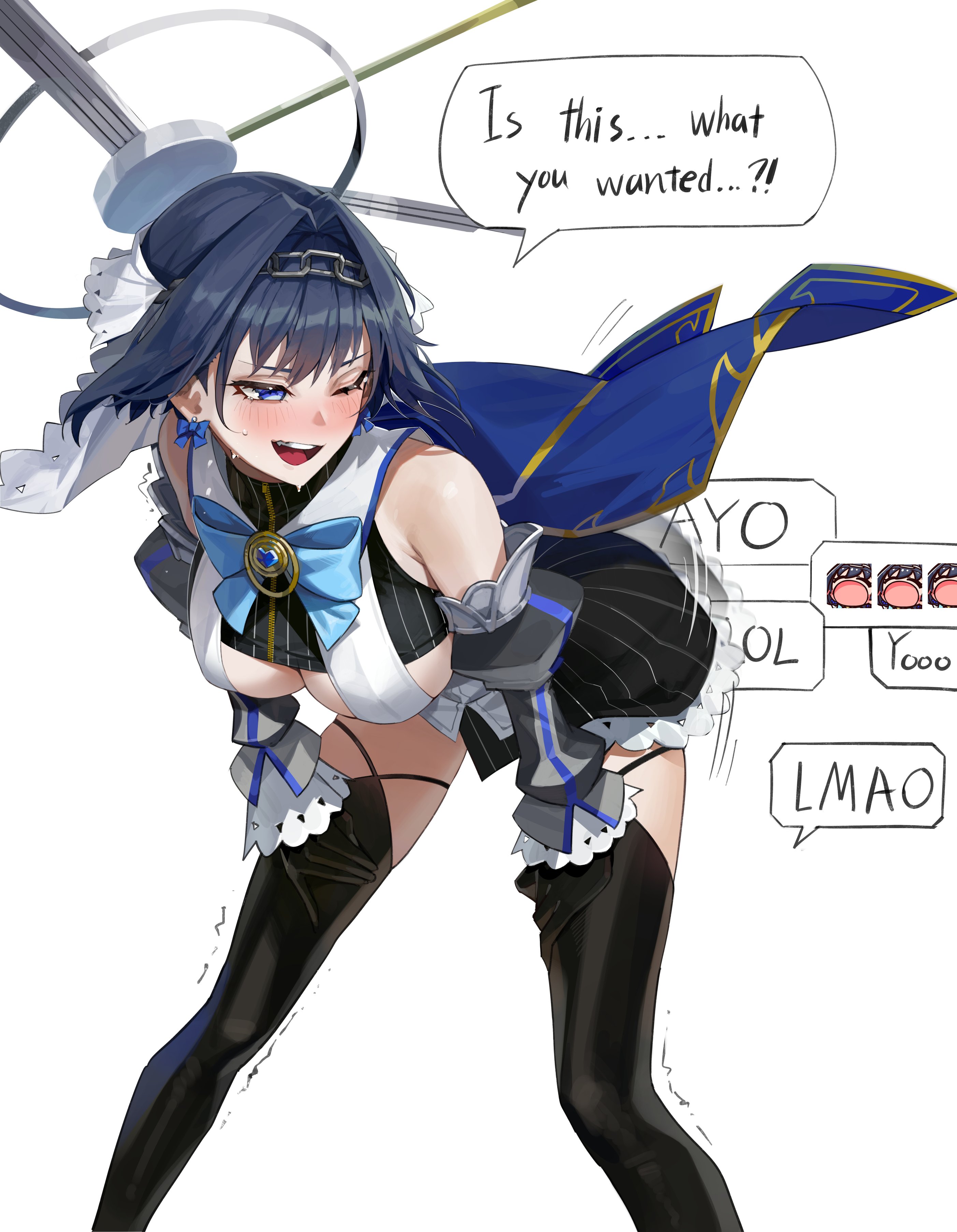 bent over, big breasts, blue eyes, blue hair, blush, breasts, female, female only, halo, hololive, hololive english, hololive english -council-, hololive english -promise-, large breasts, light skin, light-skinned female, looking back, maenoo, miniskirt, ouro kronii, pale skin, pale-skinned female, short hair, streaming, tall female, thighhighs, twerk, twerking, virtual youtuber, vtuber