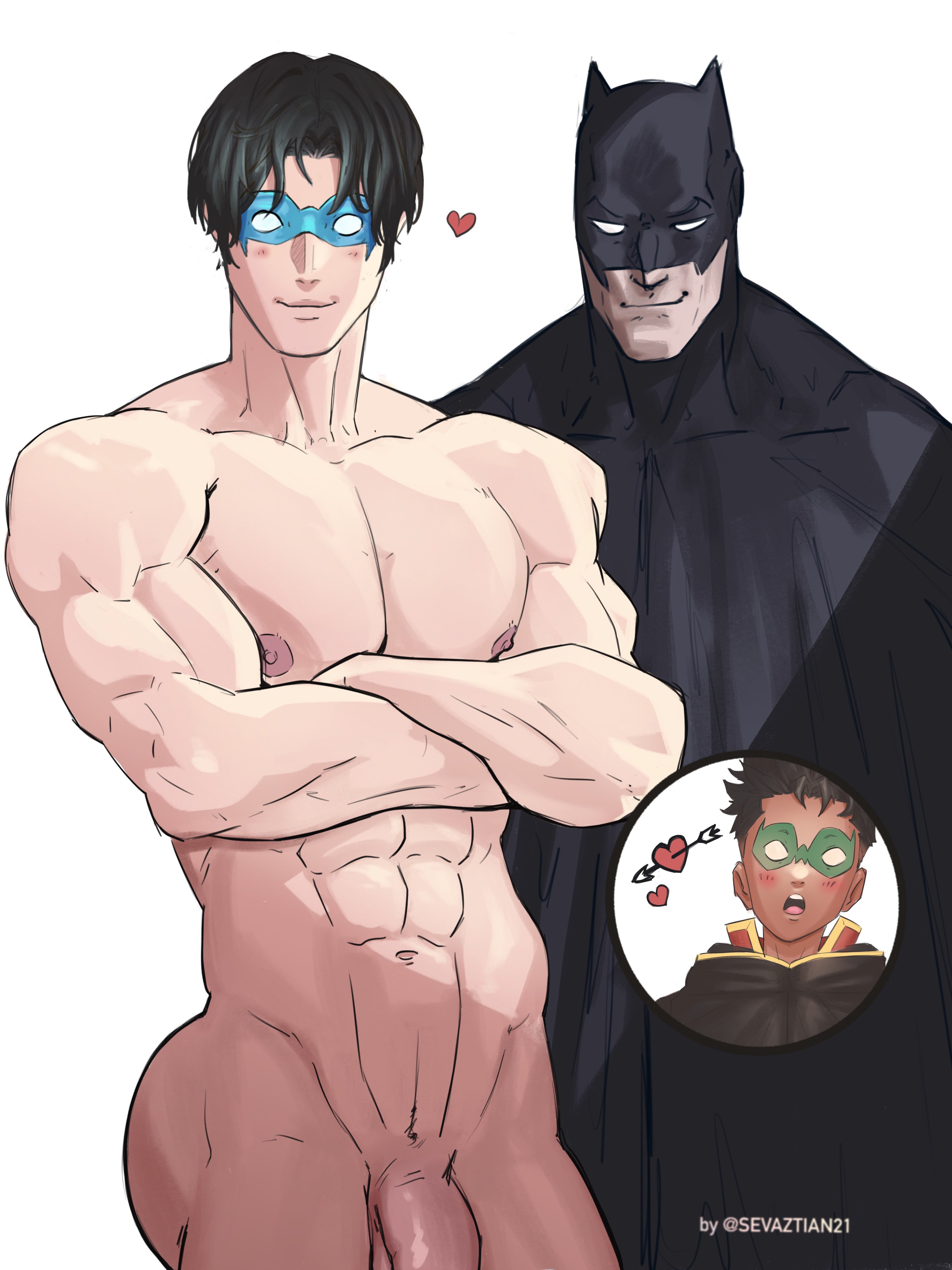 abs, batcest, batman, batman (bruce wayne), batman (series), bruce wayne, damian wayne, dc, dc comics, dick grayson, father, father and son, gay, incest, male, muscular, muscular male, nightwing, robin (damian wayne), robin (dc), sevaztian, yaoi