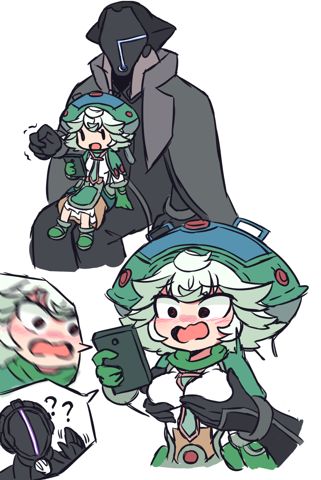 1girls, 2boys, adoptive daughter, blush, bondrewd, breast grab, breast hold, breasts, chibi, embarrassed, facetime, family, father and daughter, female, fully clothed, grabbing from behind, groping, groping breasts, groping from behind, gueira, hat, headgear, headwear, helmet, kb17, larger male, made in abyss, male, mask, masked, masked male, parent and child, phone, prushka, short hair, sitting on lap, sitting on person, size difference, smaller male, surprised, white hair