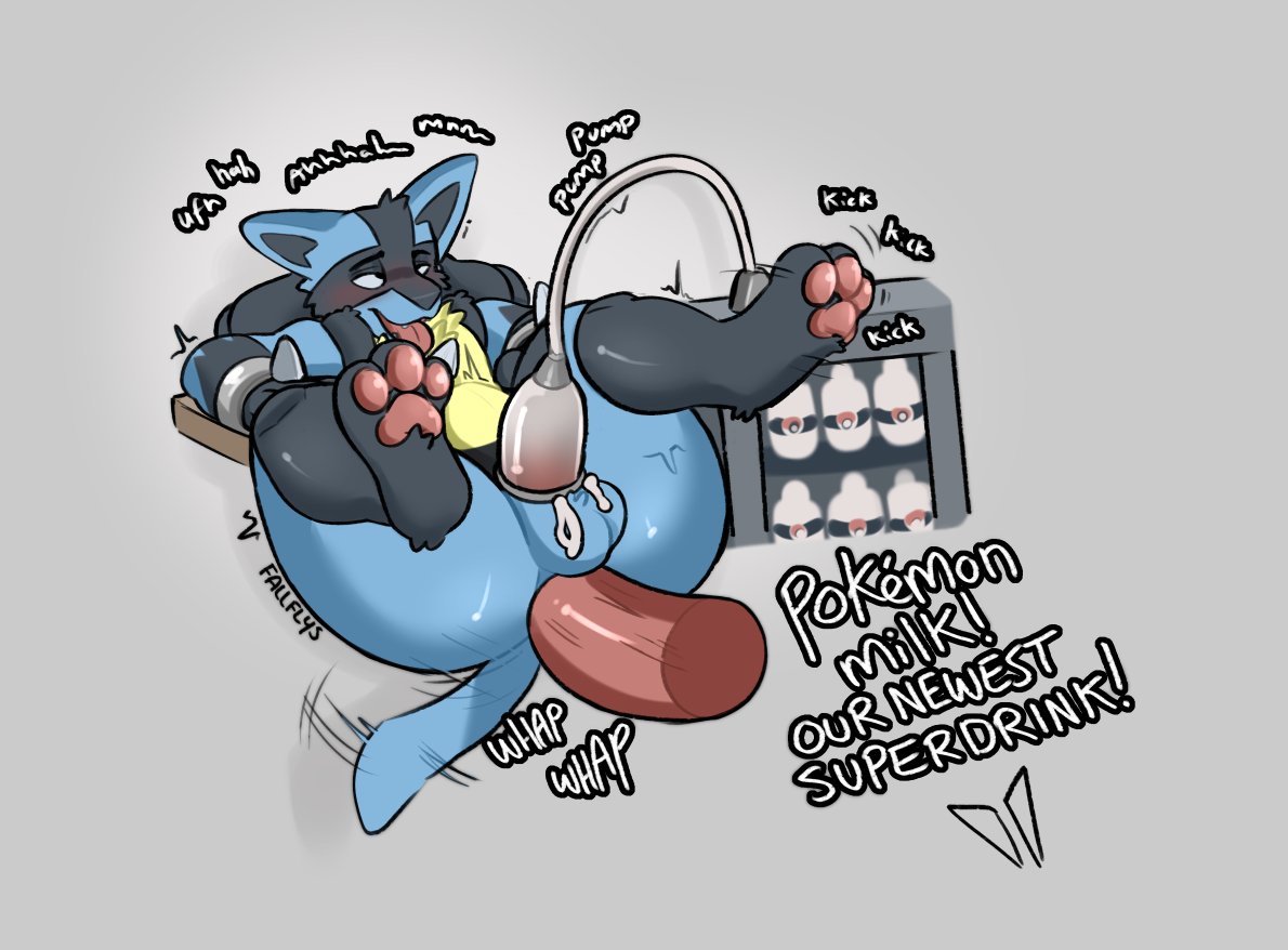 anal anal_sex anthro anthro_penetrated ass bluefur blush cum_in_bottle dialogue duo fallflys feet game_freak looking_pleasured lucario lying male male/male nintendo offscreen_character on_back pawpads penetration penile penile_penetration penis_in_ass penis_milking penis_milking_machine pokemon pokemon_(species) tail tail_motion tailwag tongue tongue_out