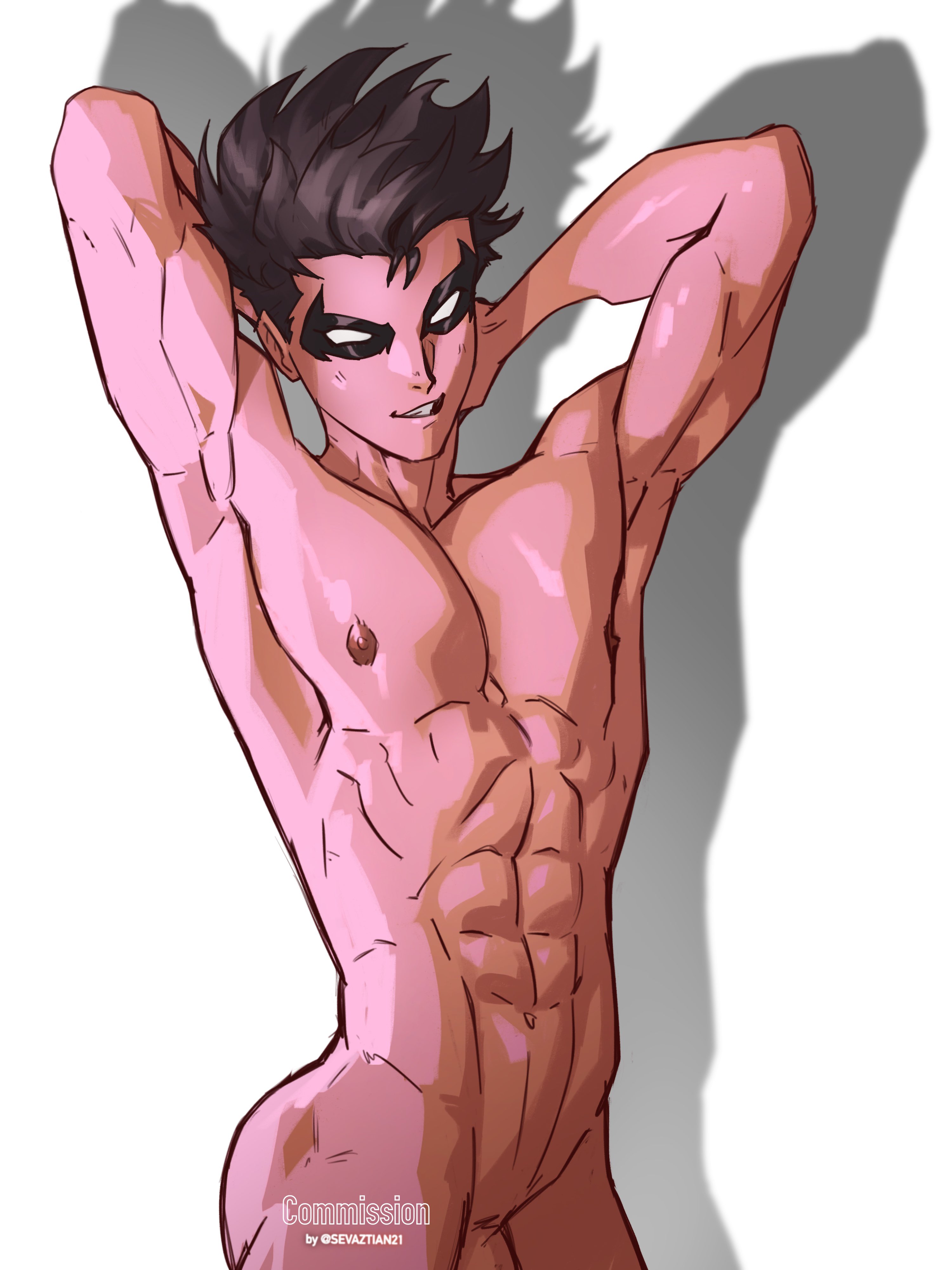 1boy, abs, armpits, batman (series), cute male, damian wayne, dc, dc comics, gay, male, male focus, male only, muscular, muscular male, penis, robin (damian wayne), robin (dc), sevaztian, solo, solo focus, teenager, yaoi