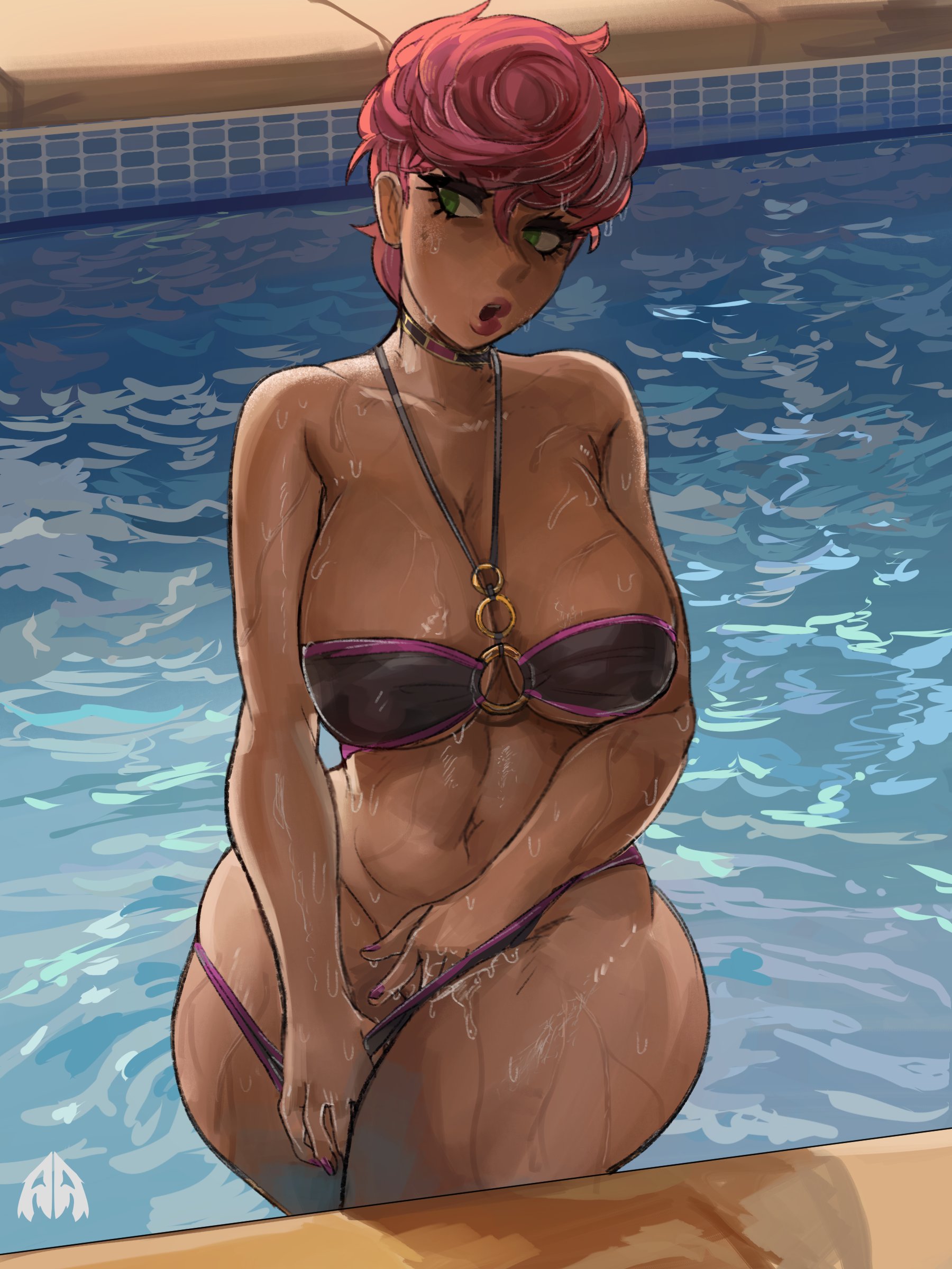 1girls, aged up, alamanderarts, alternate breast size, big breasts, bikini, blush, breasts, female, hips, human, italian, jojo's bizarre adventure, large breasts, light skin, light-skinned female, pink hair, pool, short hair, shounen jump, solo, swimsuit, tan, tan-skinned female, tanned skin, thick thighs, thighs, trish una, vento aureo, wide hips