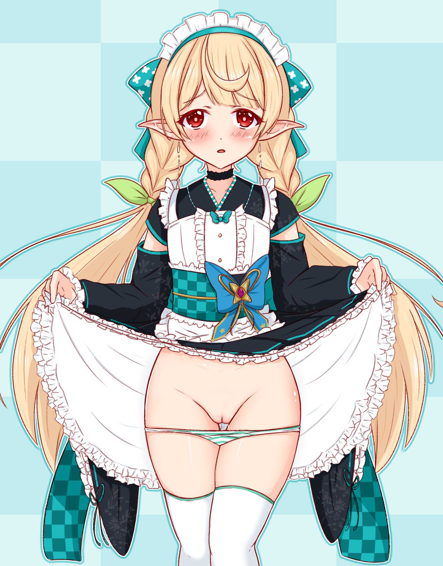blonde hair, blush, blushing, breasts, exposed pussy, fairy, female, kisaragi 1go, lifted by self, lifting skirt, looking at viewer, maid, maid headdress, maid outfit, nijisanji, nijisanji en, panties, panties down, pomu rainpuff, pussy, red eyes, small breasts, thigh gap, uncensored, virtual youtuber