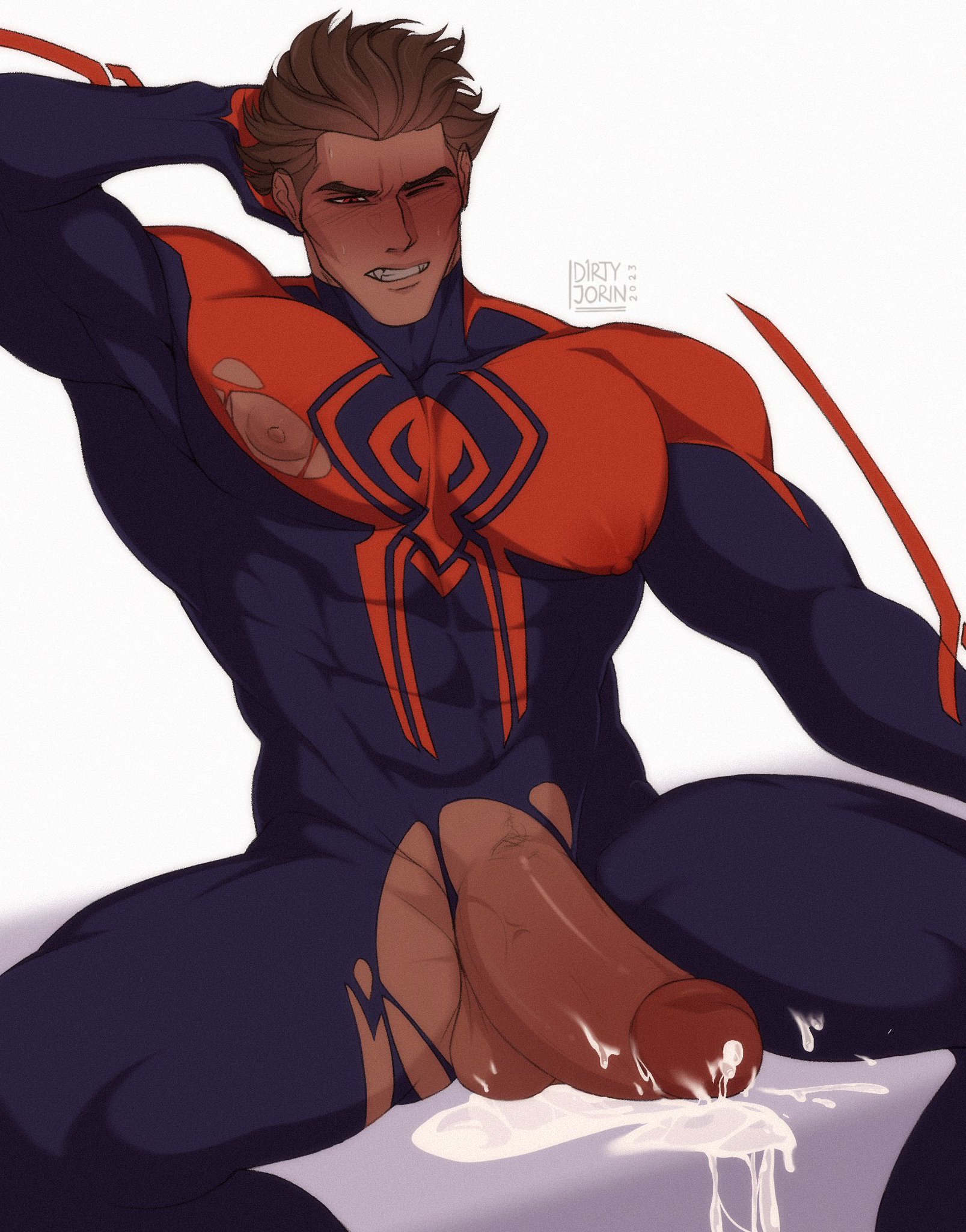 1boy, 2023, artist logo, artist name, balls, ballsack, blonde hair, boner, d1rtyj0rin, dirty jorin, erection, human, male, male only, marvel, marvel comics, miguel o'hara, penis, penis out, scrotum, shaved crotch, solo, testicles, veiny penis