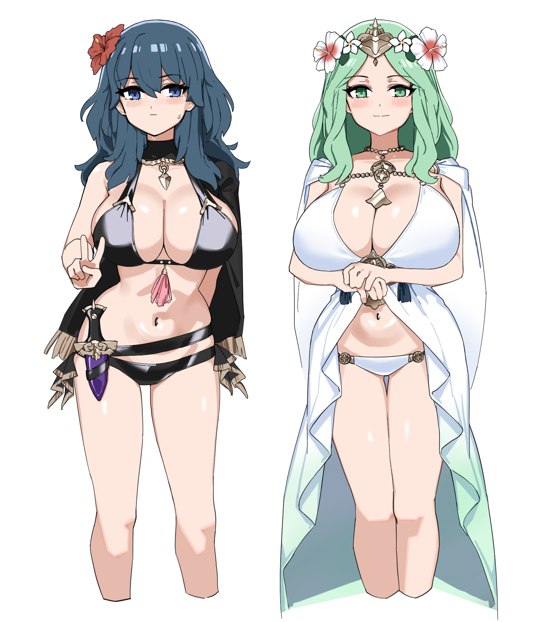 2girls, alternate costume, bare legs, bare midriff, bikini, black bikini, black swimsuit, blue eyes, blue hair, breasts, byleth (fire emblem), byleth (fire emblem) (female), byleth (summer) (fire emblem) (female), cape, cleavage, dagger, female, female only, fire emblem, fire emblem heroes, fire emblem: three houses, flower, flower in hair, fried bocky, green eyes, green hair, hair flaps, hair ornament, hibiscus, knife, knife sheath, large breasts, legs, long hair, looking at viewer, midriff, nintendo, official alternate costume, plain background, rhea (fire emblem), rhea (summer) (fire emblem), sideboob, smile, standing, swimsuit, tassel, teal hair, v, white background, white bikini, white swimsuit