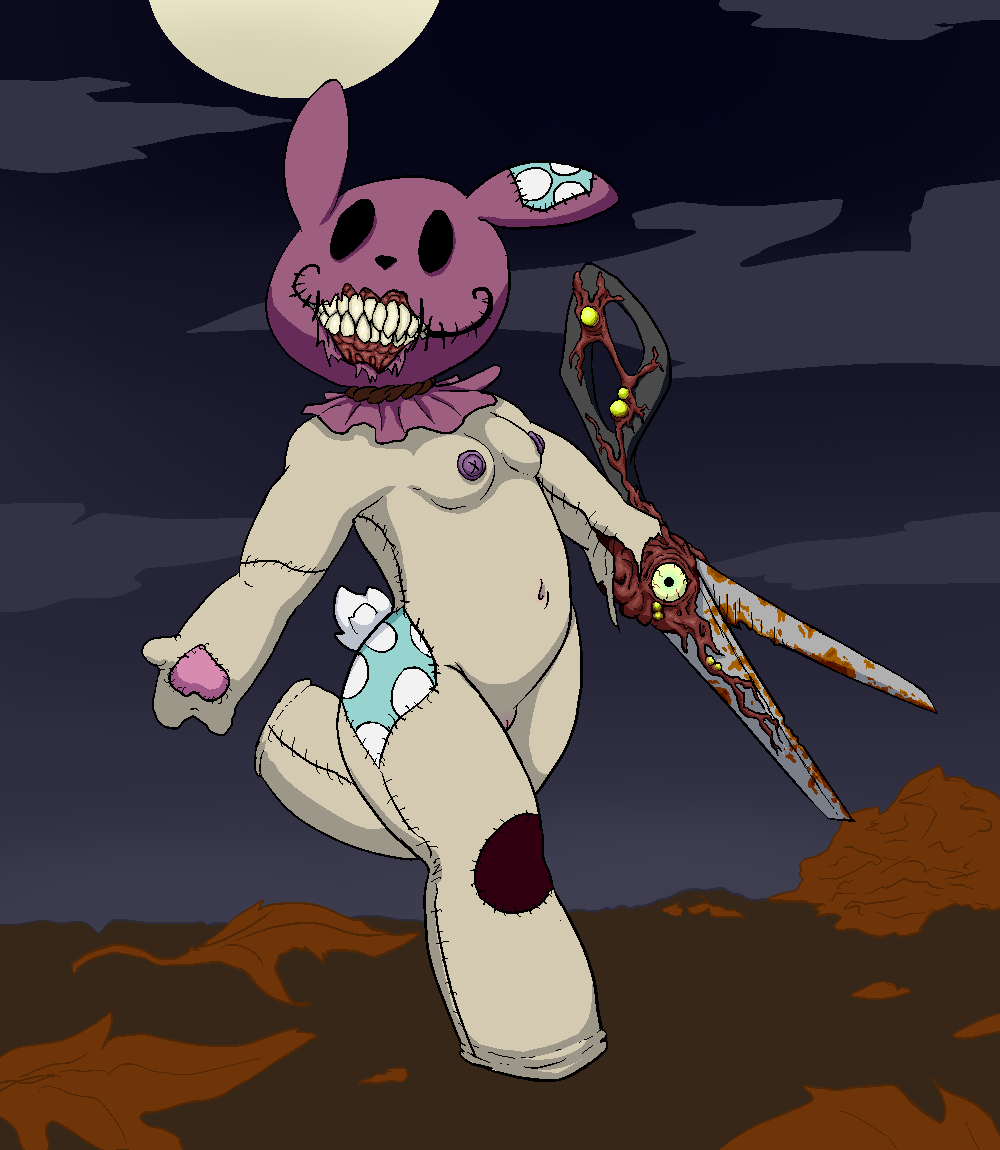 2017 alternate_version_at_source animate_inanimate anthro body_horror breasts button_(fastener) button_nipples cloud creepy creepy_smile female genitals glowing_frenulum gore gums horror_(theme) lagomorph leaf leporid living_plushie mammal monster moon navel night nipples nude patch_(fabric) plushie pussy rabbit rust scissors scut_tail seam_(sewing) sharp_teeth short_tail small_breasts smile solo stitch_(sewing) tail teeth