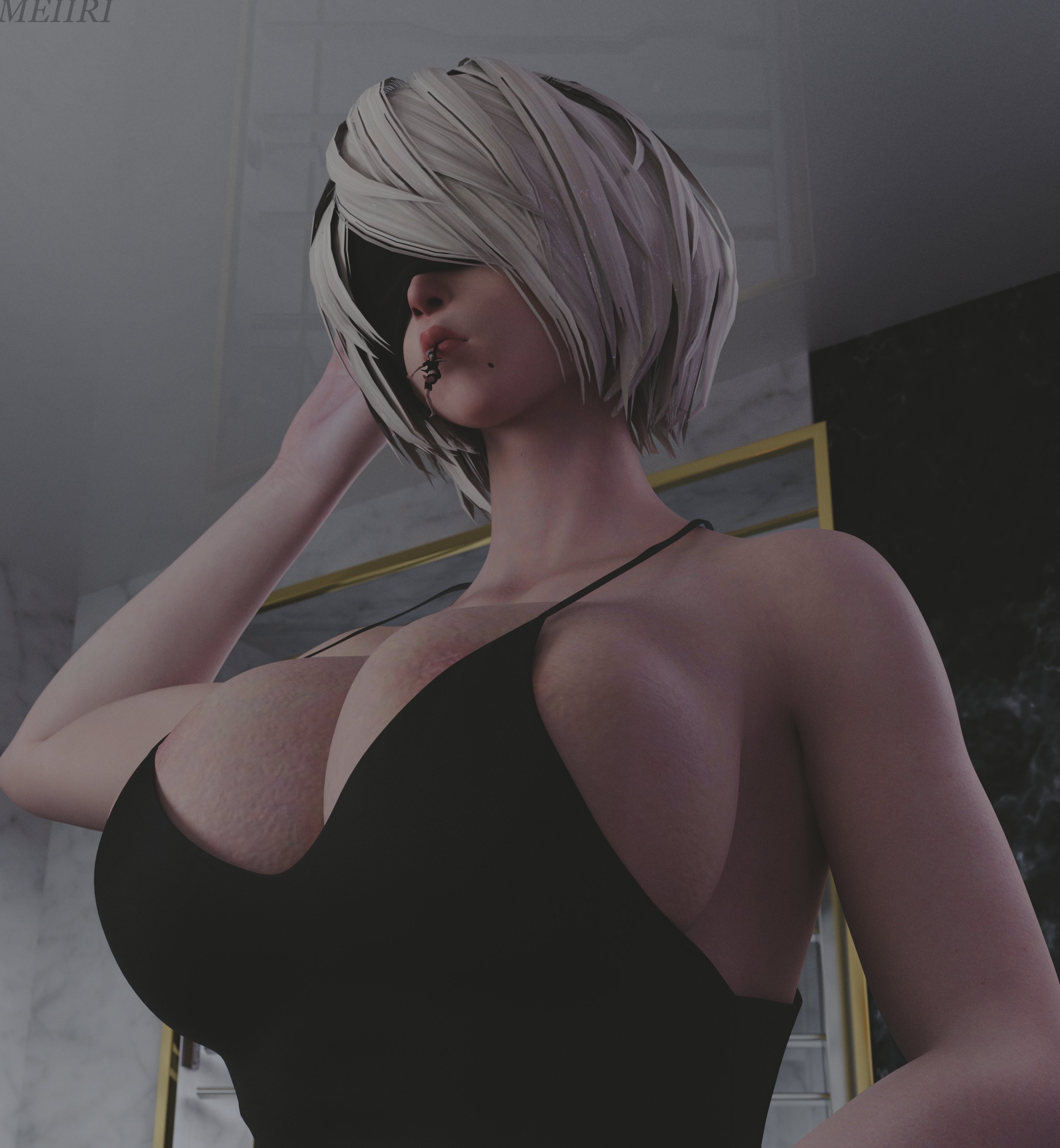 1boy, 1girls, 3d, areolae, big breasts, blindfold, breasts, clothing, female, giantess, huge breasts, jgrfgts, light skin, light-skinned female, light-skinned male, macro, male, micro, nier, nier: automata, short hair, size difference, white hair, yorha 2b, yorha 9s