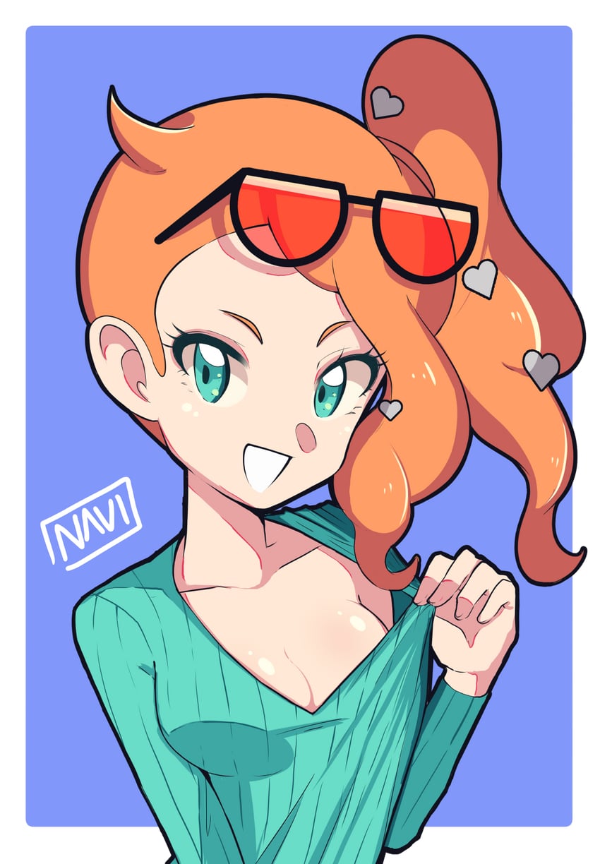 blue_eyes blue_shirt breasts eyewear_on_head glasses navietta naviettart nintendo orange_hair pokemon pokemon_ss pulling_shirt smile sonia_(pokemon) sunglasses_on_head