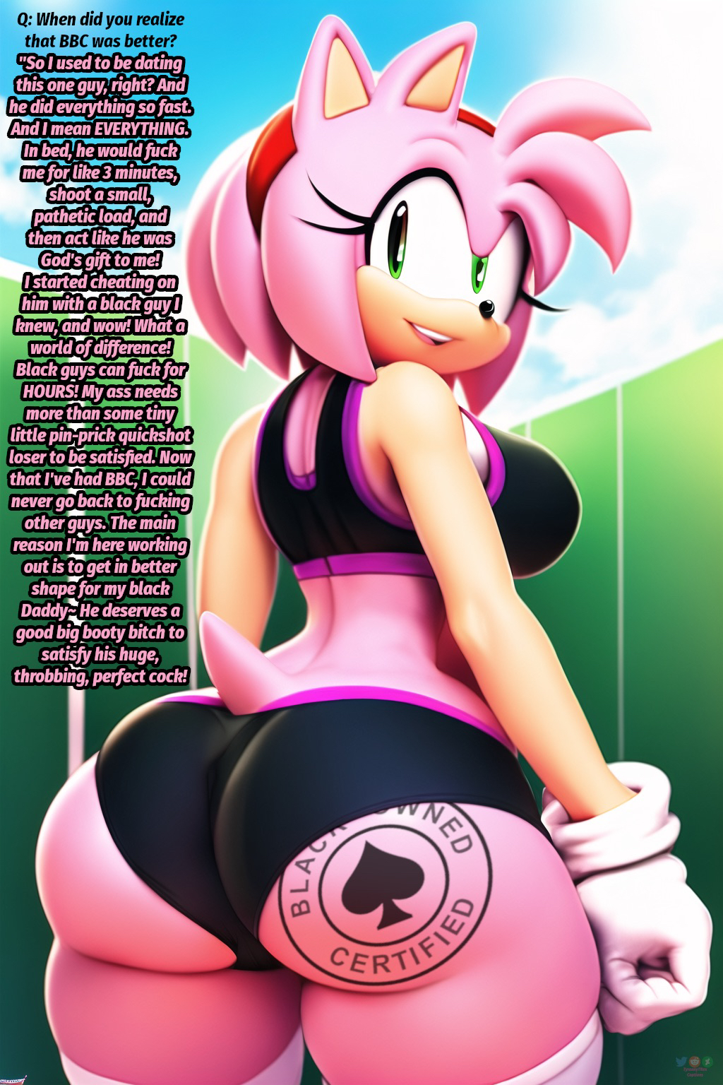 ai generated, amy rose, anthro, ass, big ass, big butt, bubble ass, bubble butt, caption, eulipotyphlan, female, green eyes, hedgehog, interracial, looking at viewer, looking back, mammal, novelai, pink fur, queen of spades, smile, sonic (series), spandex shorts, sports bra, tattoo