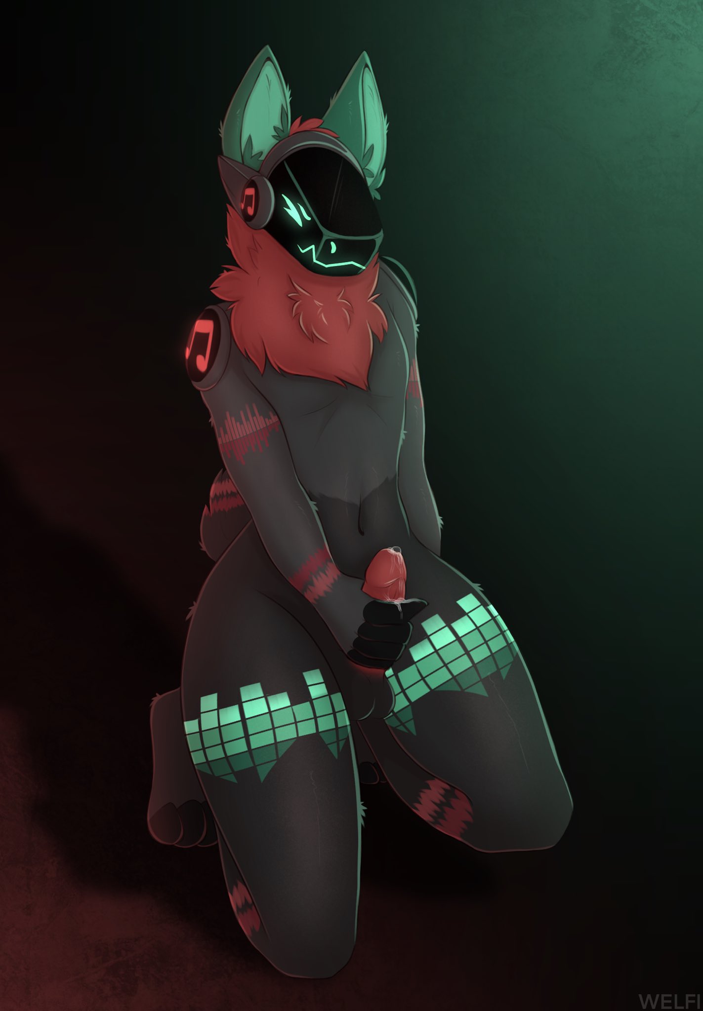 anthro black_body black_fur fur green_body green_fur hi_res machine male masturbation protogen protogen_visor solo solo_male welfi