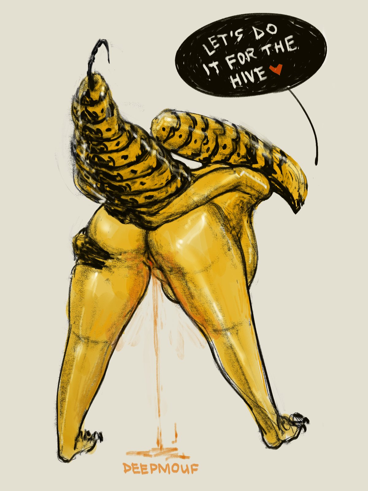 2022 alien alien_(franchise) arthropod ass bee big_breasts bodily_fluids breasts claws deepmouf dialogue digital_media_(artwork) english_text eyeless female food genital_fluids genitals heart hi_res honey_(food) humanoid hybrid hymenopteran insects nude open_mouth presenting presenting_hindquarters sagging_breasts sharp_tail solo speech_bubble tail text thick_thighs wide_hips xenomorph yellow_body