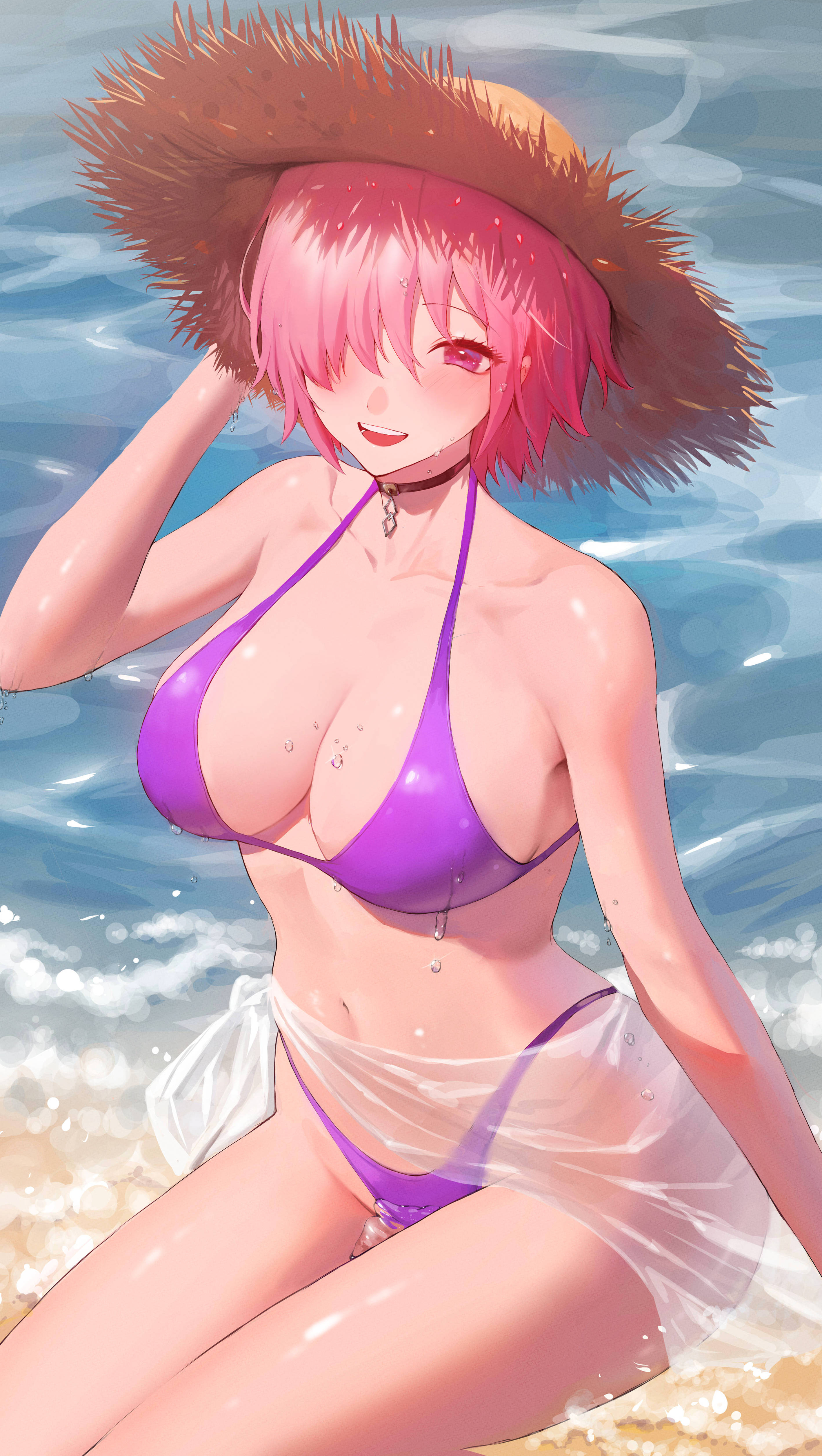 1girls, absurd res, beach, big breasts, bikini, breasts, cleavage, fate (series), fate/grand order, female, female focus, female only, hair over one eye, hat, highres, huge breasts, large breasts, large hat, light skin, light-skinned female, mash kyrielight, outdoors, pink hair, purple eyes, rororo, short hair, smile, swimsuit