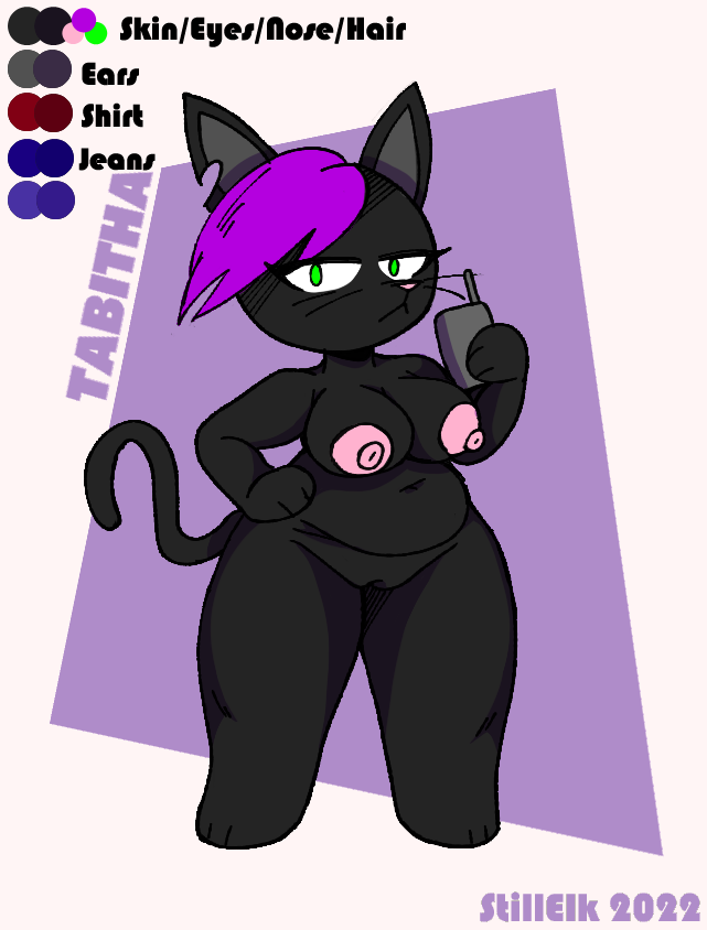 anthro black_body black_fur cellphone domestic_cat felid feline felis female fur green_eyes hair mammal nipples nude phone pink_nipples purple_hair slightly_chubby solo solo_focus stillelk62 tabitha_(stillelk62)