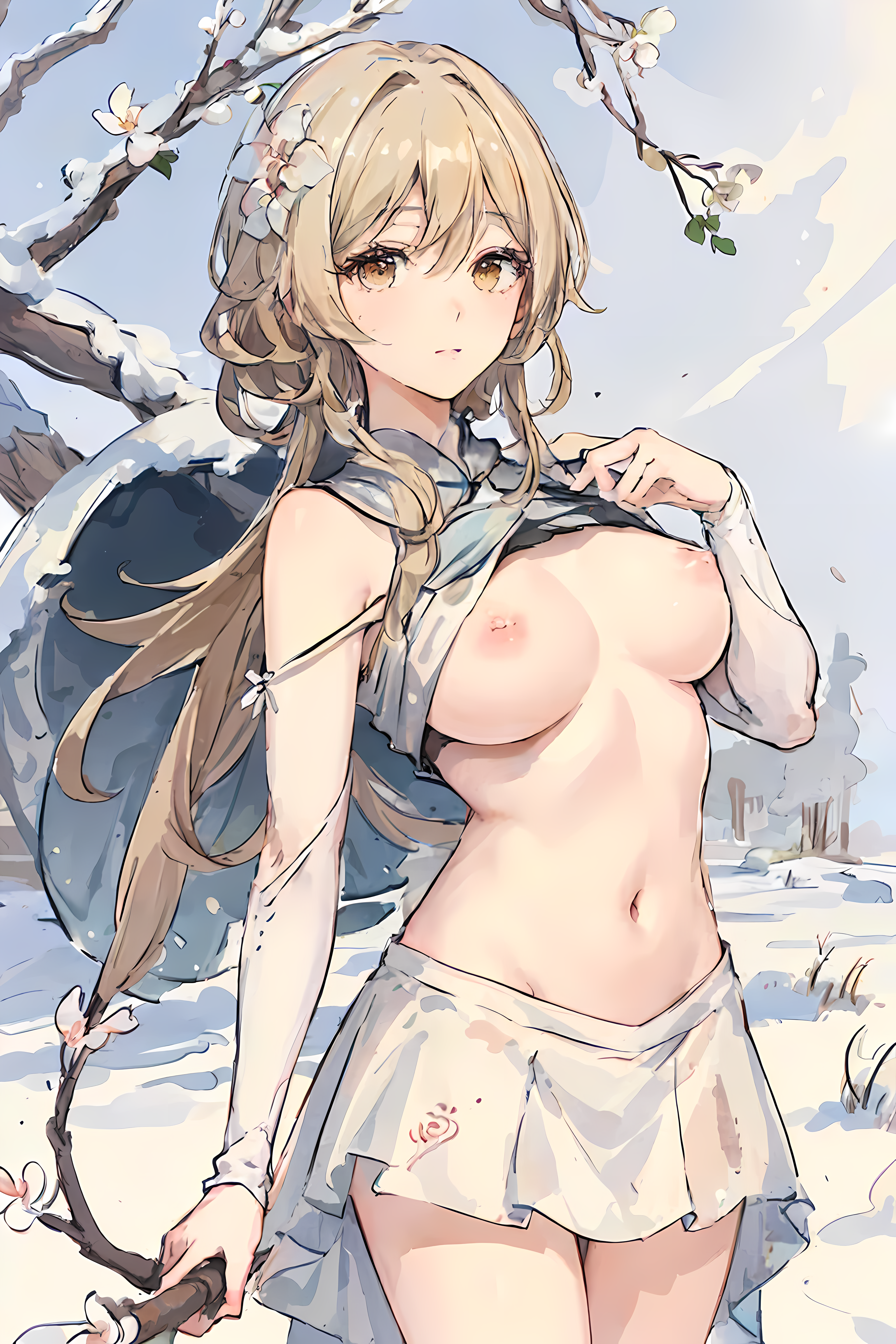 ai generated, belly, blonde hair, breasts, breasts out, female, flower, genshin impact, lumine (genshin impact), shirt lift, snow, tree, yellow eyes