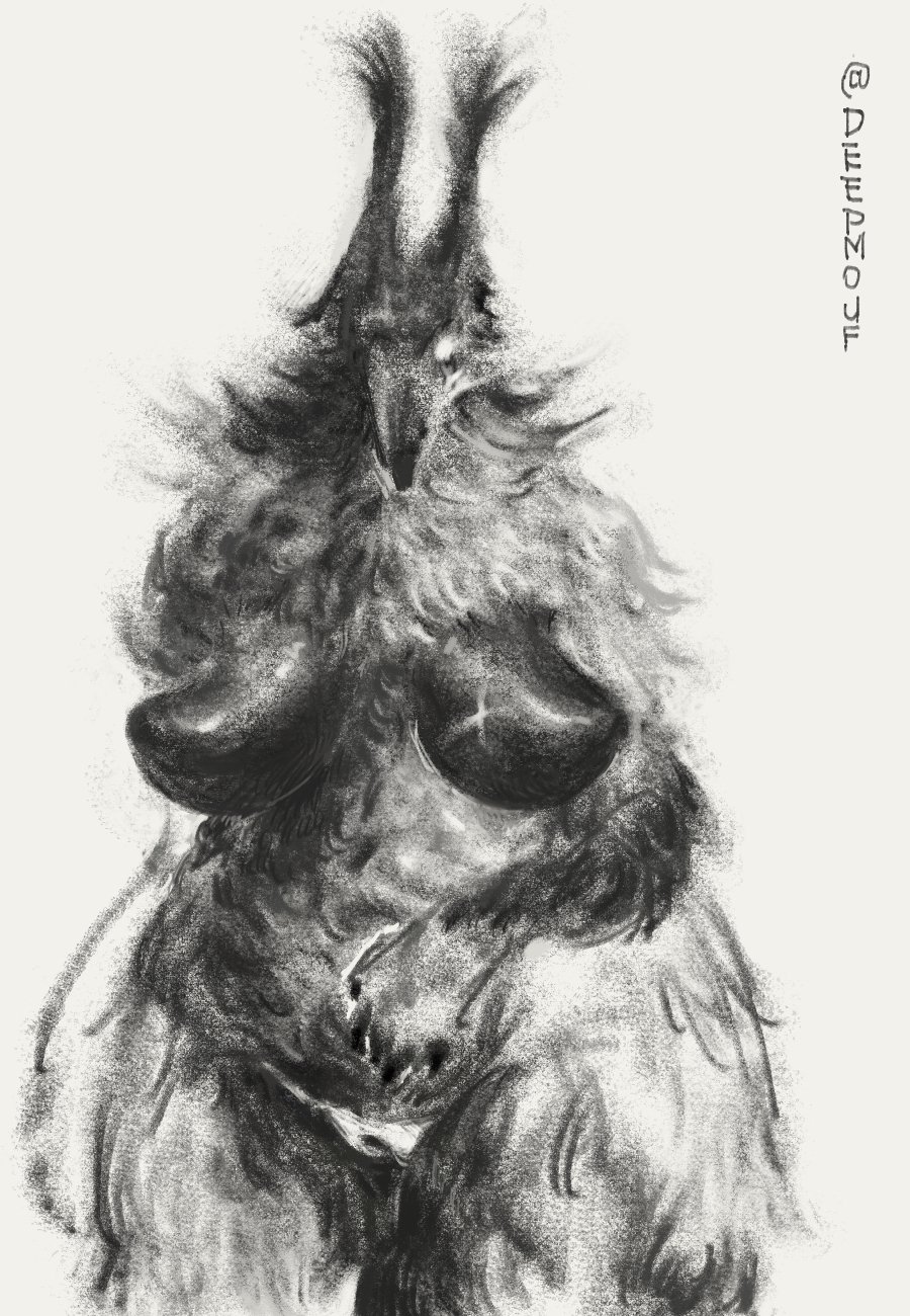 anthro black_body black_skin bone breasts deepmouf female fur genitals hi_res nipples nude plump_labia pussy scar skull skull_head solo unknown_species