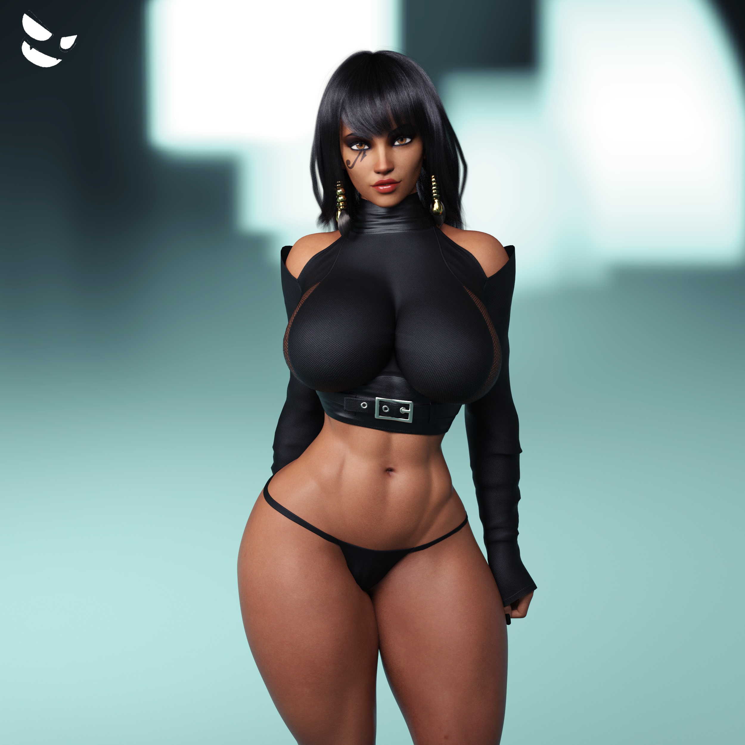 1girls, 3d, black clothing, black hair, blizzard entertainment, breasts, brown eyes, crop top, dark skin, dark-skinned female, egyptian, egyptian female, fareeha amari, female, female only, fit, fit female, gm studios, large breasts, looking at viewer, navel, overwatch, pharah, pinup pose, revealing clothes, skimpy, smile, solo, solo female, thick thighs, thong, wide hips