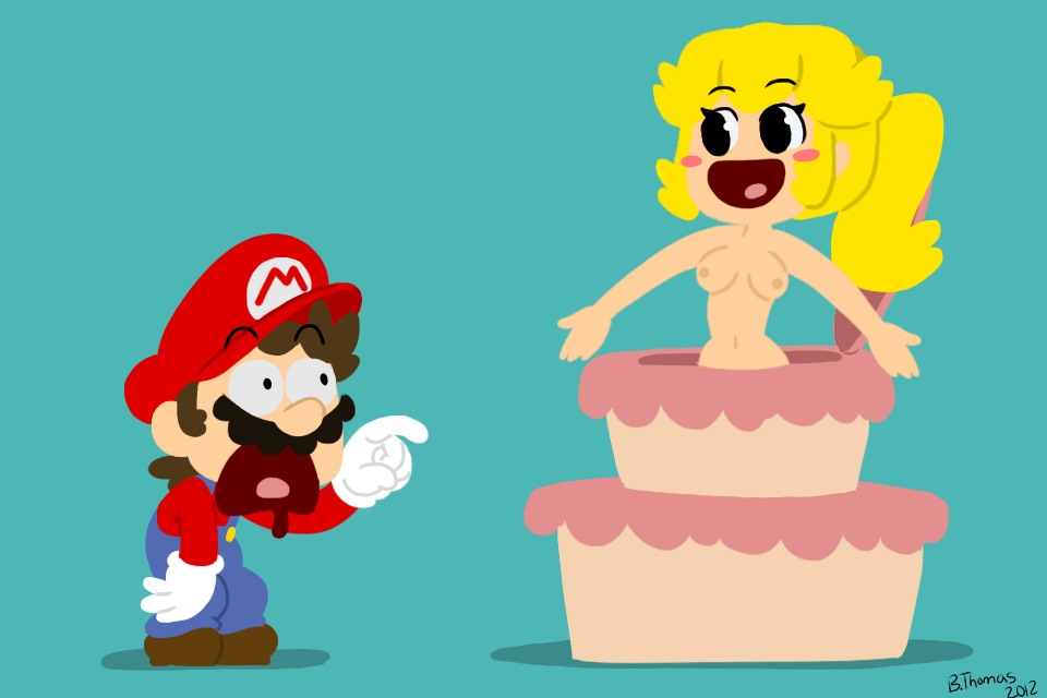 1boy 1girls 2012 blonde_hair blue_background blush breasts brown_hair bthomas64 cake cake_stripper clothed clothed_male clothed_male_nude_female clothing coming_out_of_cake female full_body looking_at_another male mario mario_(series) nintendo nipples nude nude_female ponytail popping_out_of_cake princess_peach simple_background standing surprised tied_hair