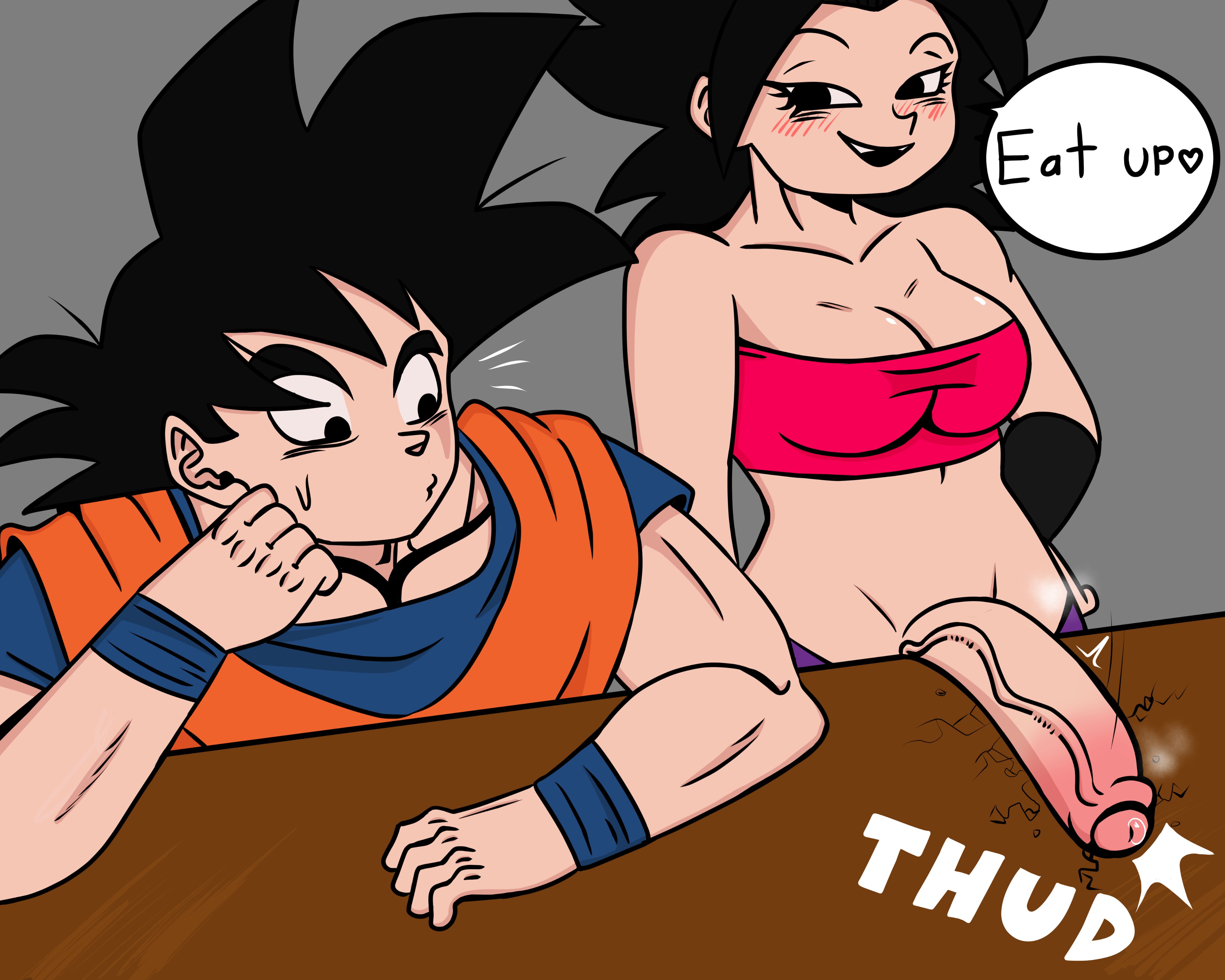 1boy, 1futa, big breasts, black hair, blush, breasts, caulifla, clothed, clothing, dialogue, dragon ball, dragon ball super, english text, female, flaccid, flaccid penis, fully clothed, futa focus, futa with male, futanari, heavy penis, huge cock, intersex, laying penis on table, light skin, light-skinned female, light-skinned futa, looking at penis, male, penis, penis on table, skurigami, son goku, standing, staring, staring at penis, text, tubetop, universe 6 saiyan/universe 7 saiyan, universe 6/universe 7, vein, veiny penis