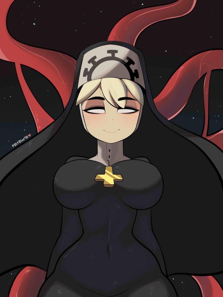 big_breasts blonde_hair cross double_(skullgirls) looking_at_viewer nun nun's_habit postblue98 skin_tight skullgirls smile tentacle tentacle voluptuous white_eyes wide_hips