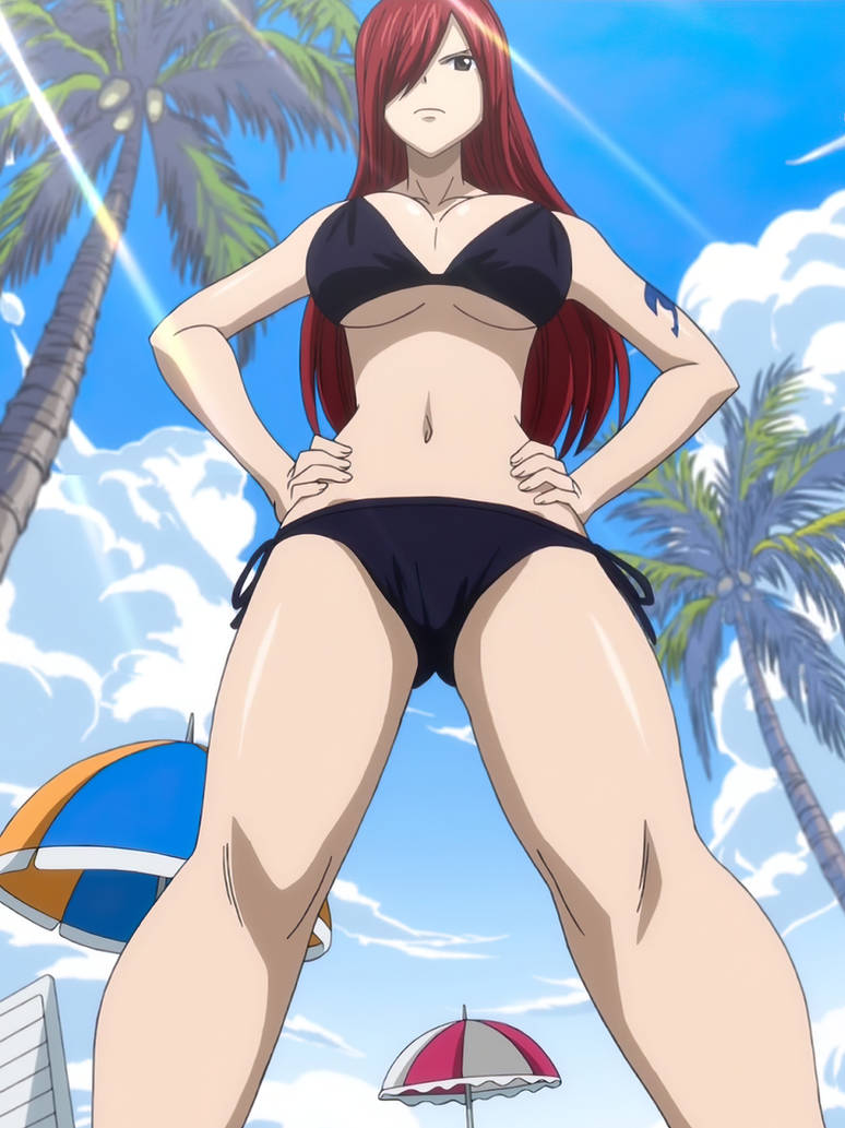1girls, arm tattoo, black bikini, blue tattoo, breasts, erza scarlet, fairy tail, fairy tail mark, fat breasts, female, flat belly, large breasts, light skin, light-skinned female, pov, red hair, red-haired female, screencap, tattoo