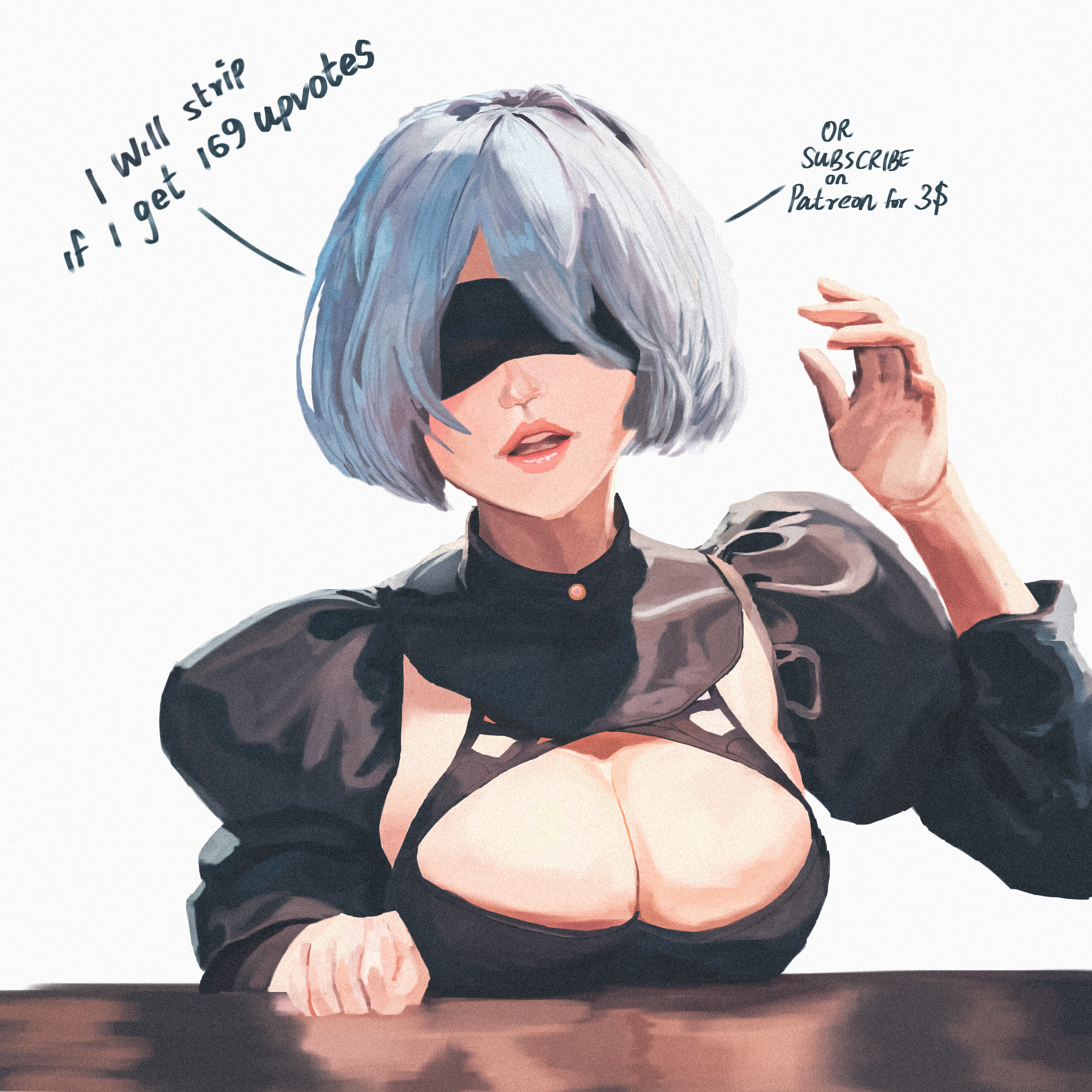 1girls, big breasts, black dress, blind, blindfold, blindfolded, blonde hair, boob window, breasts, breasts out, cleavage, cleavage cutout, cleavage overflow, clothed, clothing, comic, comic page, english text, female, grey hair, lips, lipstick, nier, nier (series), nier: automata, no bra, open clothes, open mouth, oppai, patreon, patreon username, reflection, request, simple background, smile, solo, solo female, table, talking, talking to viewer, teeth, text box, text bubble, text focus, tongue, upper body, upper teeth, white background, white body, white hair, white skin, wide hips, yorha 2b, zil a cien