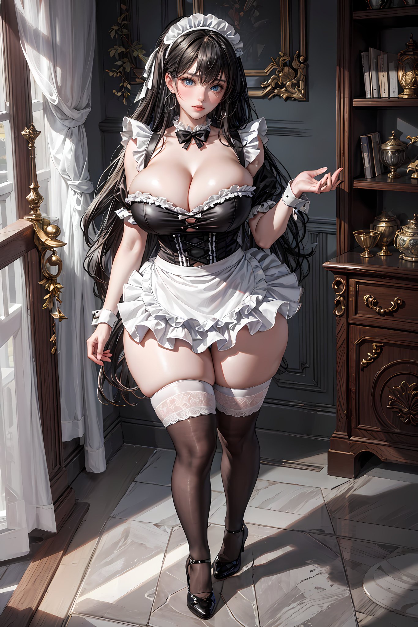 1girls, 2023, ai generated, ai hands, breasts, cleavage, clothed female, curvaceous, curvy body, curvy female, curvy figure, earrings, female, female focus, female only, huge breasts, long hair, looking at viewer, maid, maid headdress, maid uniform, seductive look, solo, solo female, solo focus, stable diffusion, thick thighs