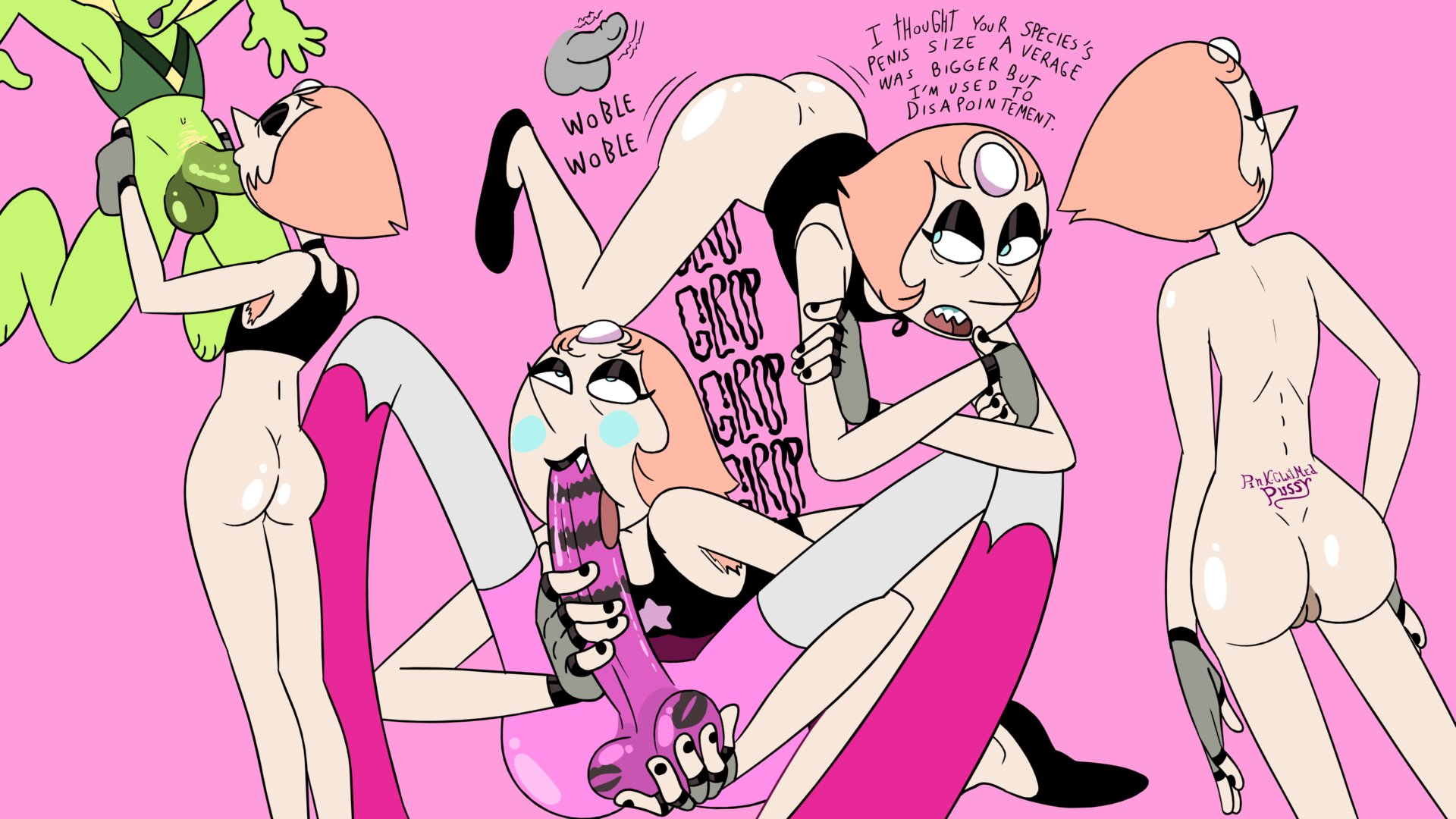 1girls, 2futas, armpit hair, ass, ass shake, balls, black fingernails, black nails, blowjob, bottomless, bottomless female, choker, female, fingerless gloves, futa on female, futanari, gem (species), goth, intersex, jones boi, lipstick mark, lipstick on balls, lipstick on penis, long penis, nude, pearl (steven universe), penis, peridot (steven universe), pussy, sharp teeth, small penis, small penis humiliation, spinel (steven universe), steven universe, tattoo, tramp stamp