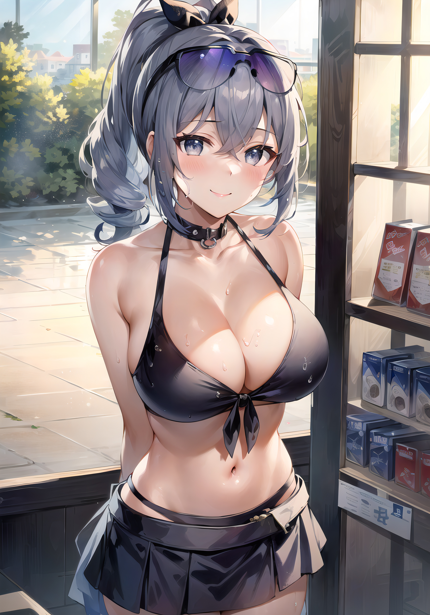 1girls, ai generated, breasts, curvy, curvy body, curvy female, eyewear on head, female, hi res, honkai: star rail, huge breasts, silver wolf (honkai: star rail), solo focus, stable diffusion, sunglasses on head, yuanyuan, yuanyuan ai