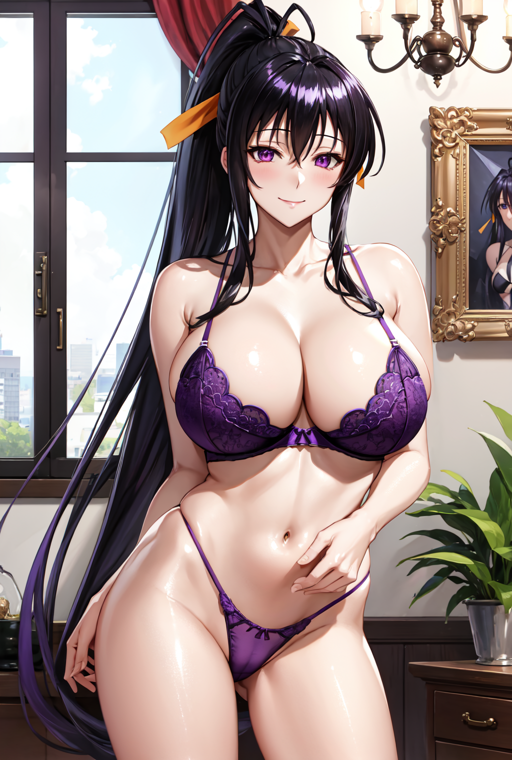 1girls, ai generated, akeno himejima, big breasts, breasts, curvaceous, curvy body, curvy female, curvy figure, female, female focus, female only, high school dxd, huge breasts, long hair, ponytail, seductive look, stable diffusion