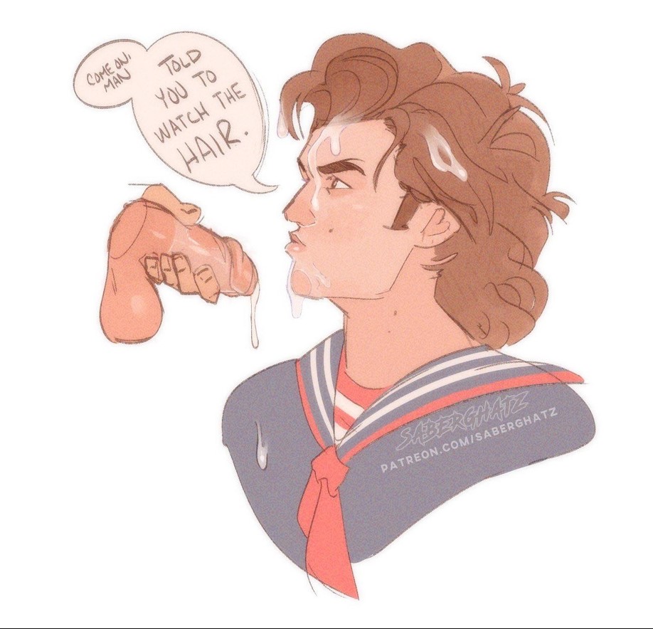 angry angry_face brown_eyes brown_hair cum cum_dripping cum_in_hair cum_on_face cum_on_outfit face_closeup male_only pretty_boy saberghatz sailor_uniform speech_bubble steve_harrington stranger_things upset yaoi