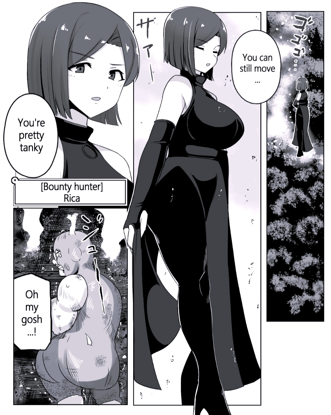 bounty hunter, breasts, comic page, english text, fat male, large breasts, male, rebake-1453, ugly bastard