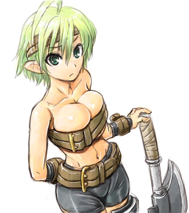 amania_orz axe belt belt_bra blonde blonde_female blonde_hair breasts cleavage disgaea green_hair large_breasts light-skinned_female nippon_ichi_software skimpy_clothes tight_clothing tight_fit valkyrie_(disgaea) warrior weapon