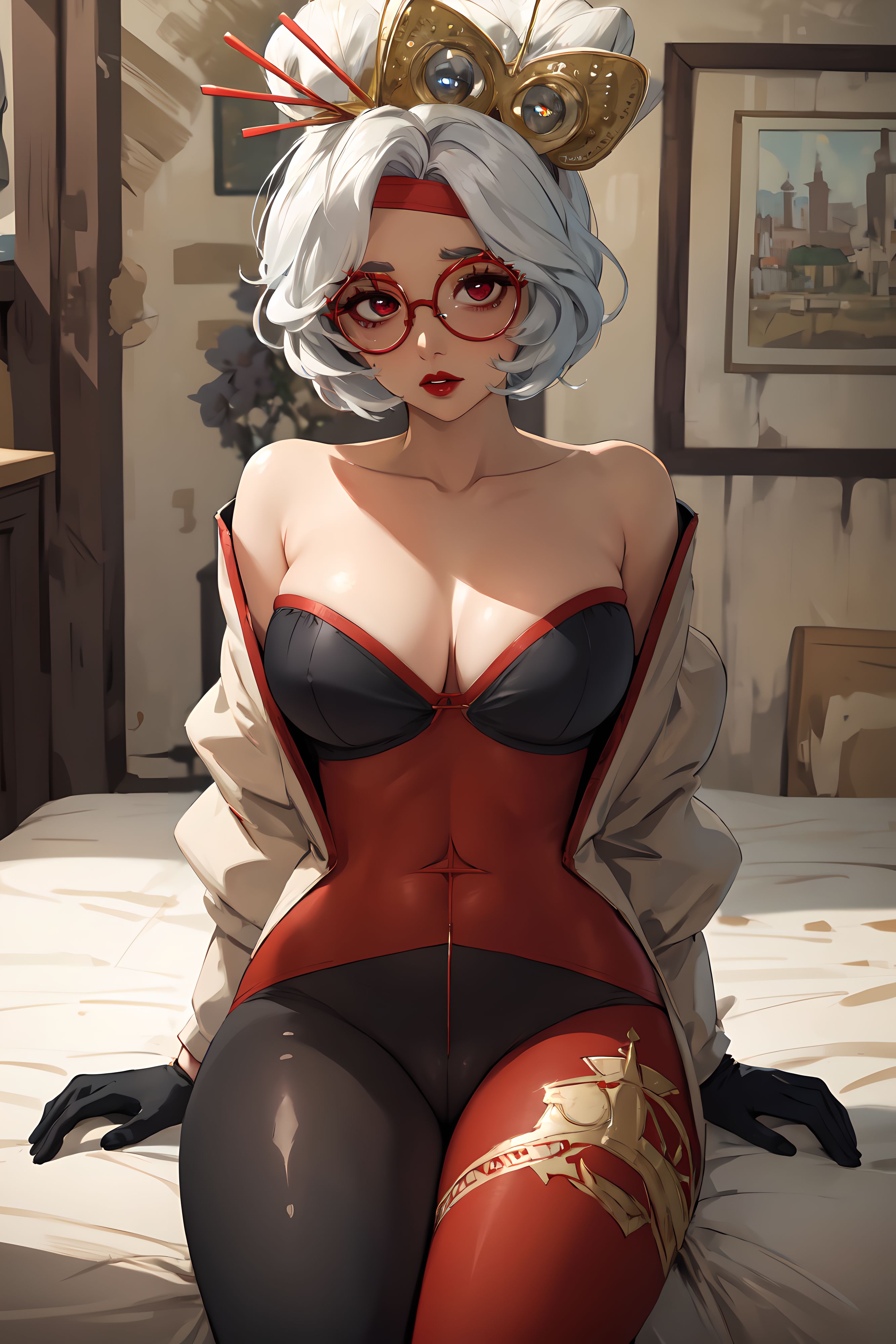 1girls, ai generated, curvy, curvy female, curvy figure, female, female focus, female only, glasses, hi res, purah, purah (tears of the kingdom), solo female, solo focus, stable diffusion, tears of the kingdom, the legend of zelda, white hair