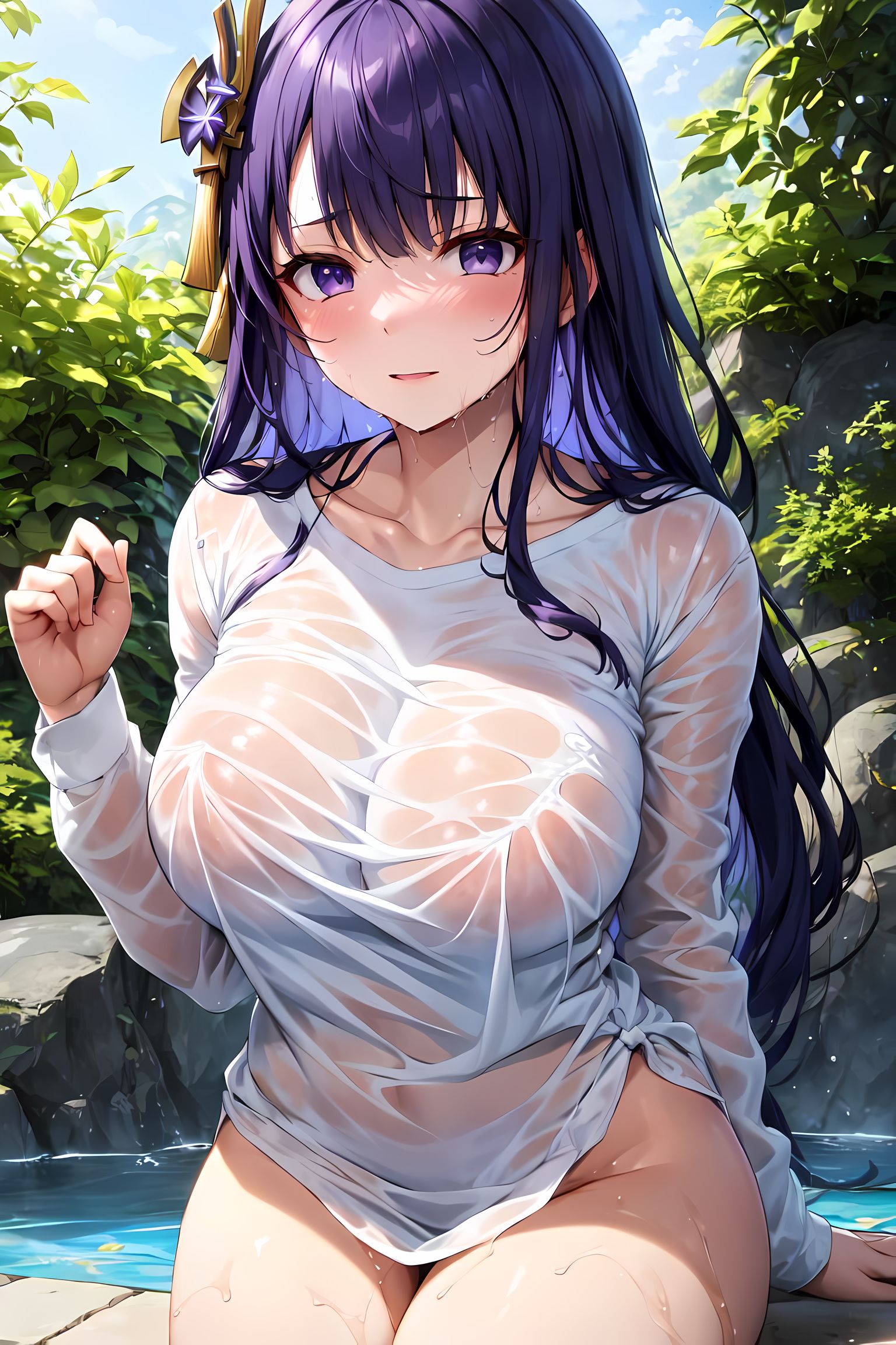 1girls, ai generated, blush, breasts, female, genshin impact, huge breasts, light skin, light-skinned female, long hair, outdoors, purple eyes, purple hair, raiden shogun, stable diffusion, thighs, wet, wet body, wet topwear