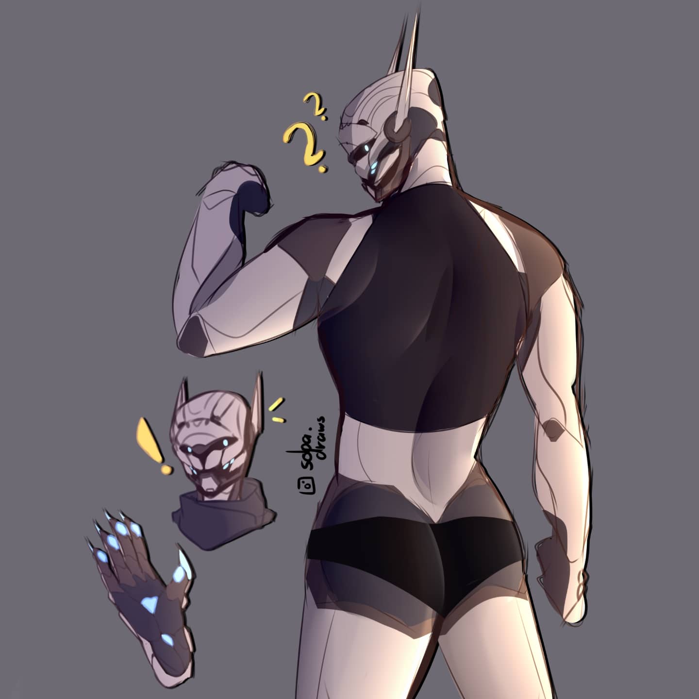 2d bubble_butt bungie destiny_(game) destiny_2 exo flexing gray_background male male_only monty_nsfw muscular muscular_male robot robot_boy robot_humanoid short_shorts small_waist tight_clothing tight_fit white_eyes