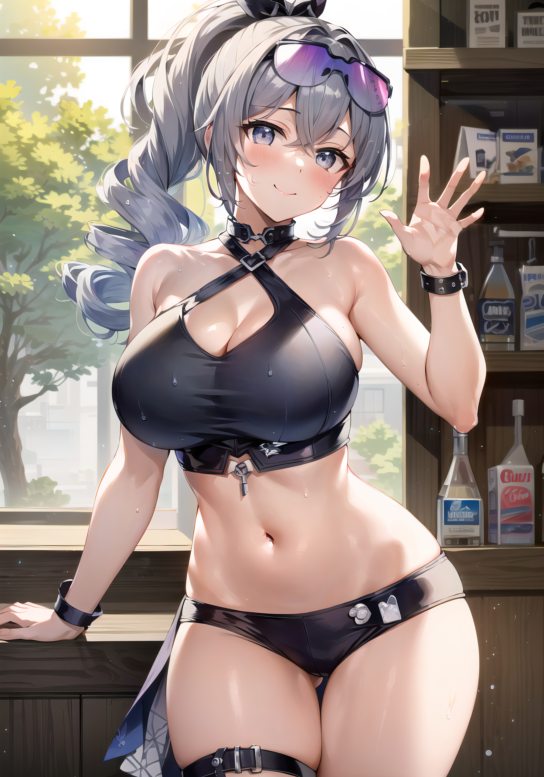 ai generated, breasts, curvy, curvy body, curvy figure, eyewear on head, female, female focus, female only, hi res, honkai: star rail, huge breasts, seductive look, silver wolf (honkai: star rail), stable diffusion, sunglasses on head, voluptuous, voluptuous female, yuanyuan, yuanyuan ai