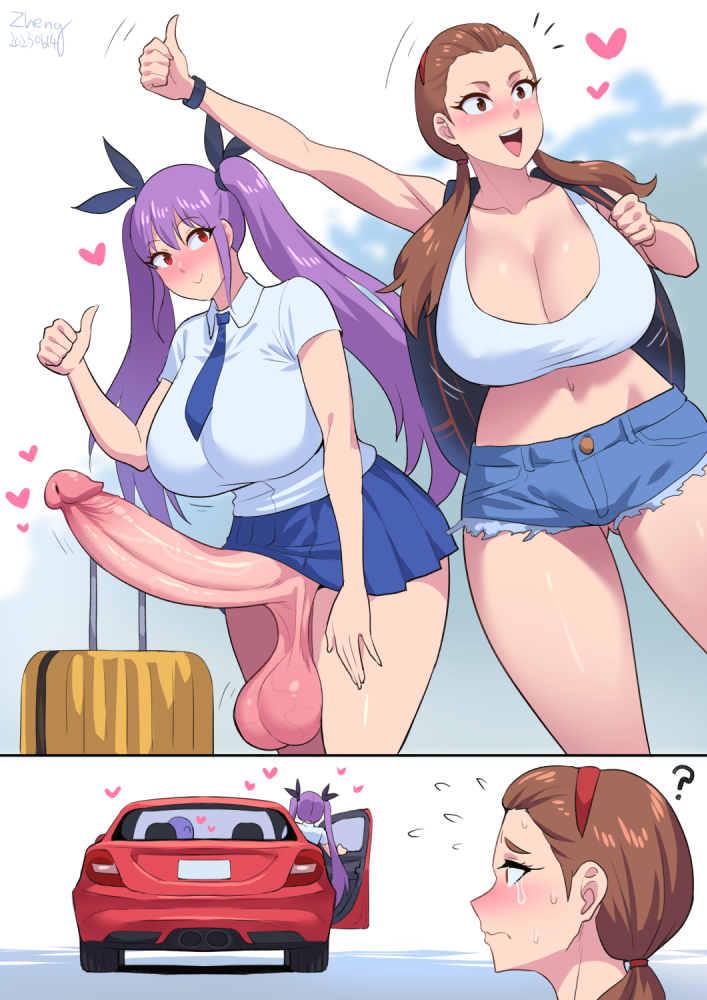 1futa 1girls balls bottomless breasts brown_hair casual casual_boner casual_erection casual_exposure casual_nudity clothed clothing duo duo_focus emilia_viola erection female fully_clothed futa_focus futa_with_female futanari group hitchhiking horny huge_balls huge_breasts huge_cock human hyper_penis ineffective_clothing ineffective_skirt light-skinned_female light-skinned_futanari light_skin long_hair massive_breasts mostly_clothed original original_character penis public purple_hair standing thick_thighs twintails uncensored wide_hips zheng