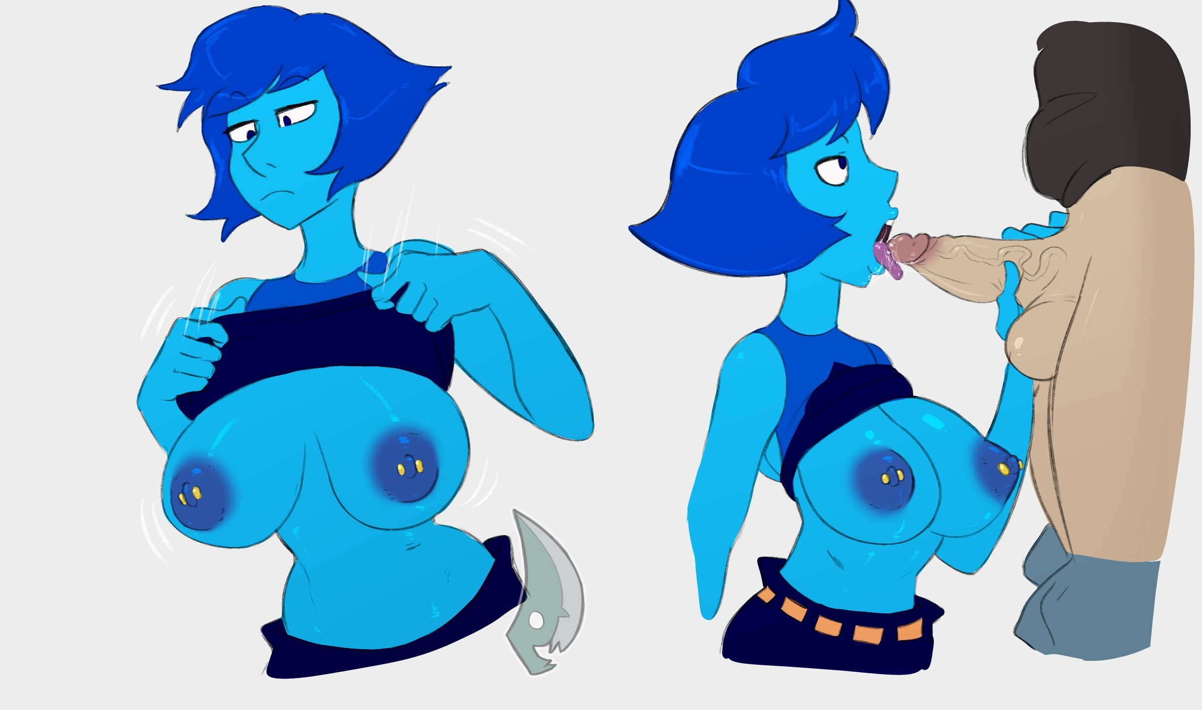 1boy, 1girls, blue fur, blue hair, blue skin, female, lapis lazuli (steven universe), male, pierced nipples, short blue hair, steven universe, tagme