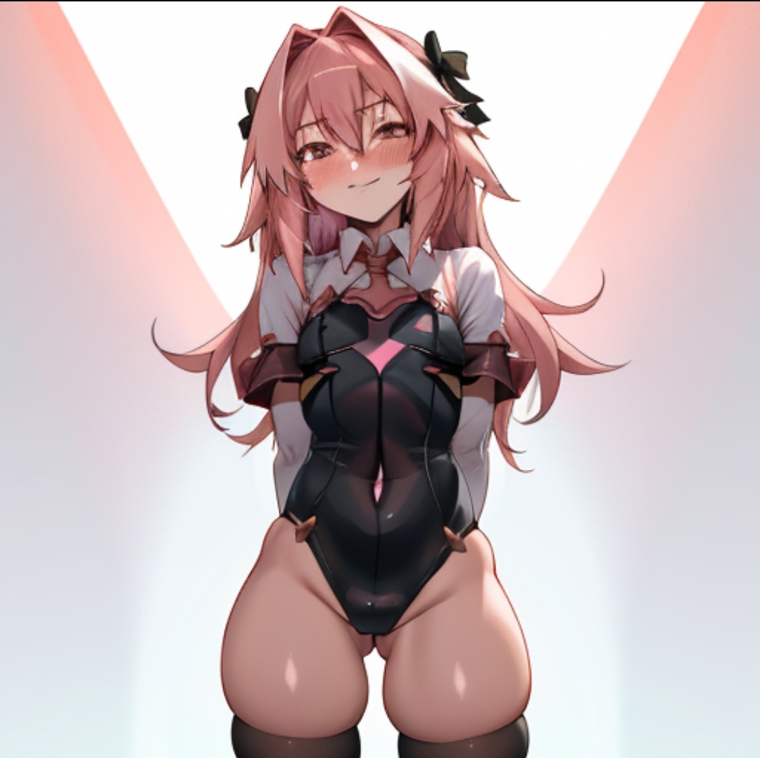 1boy, ai generated, arms behind back, astolfo (fate), blush, fate (series), fate/apocrypha, fate/grand order, femboy, long hair, male, penis, pink hair, small penis, solo, thick thighs